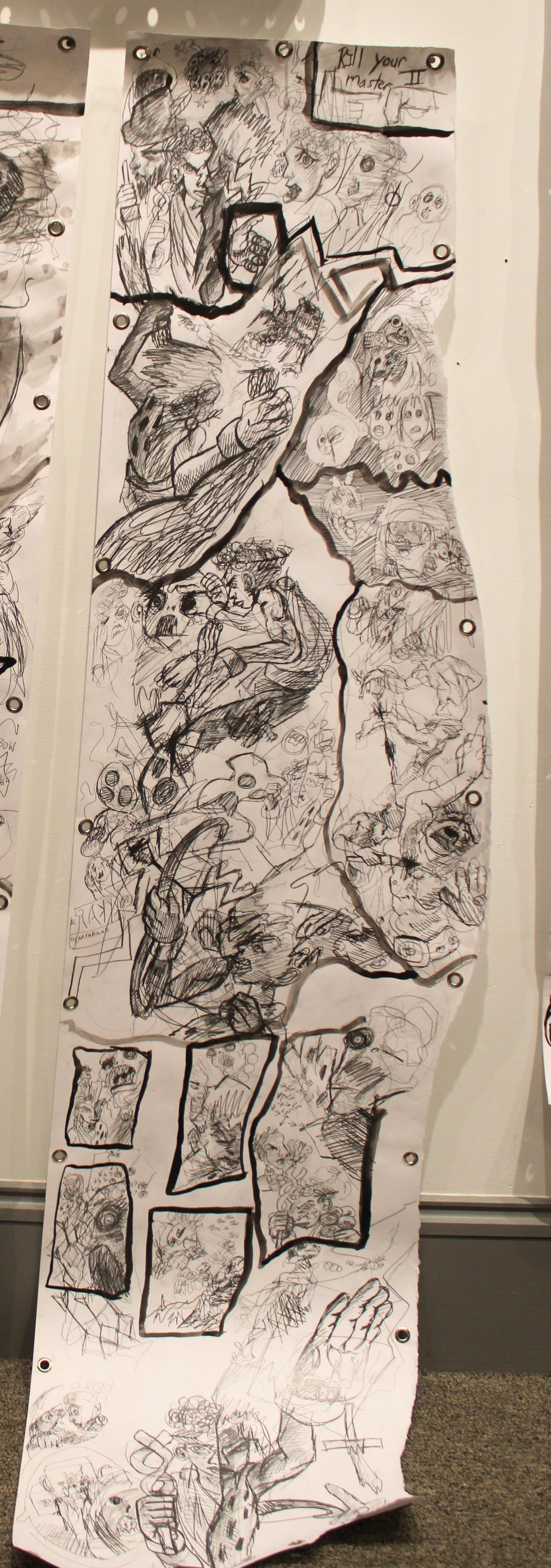 Kill your master II, Ink and graphite pencil on Mixed media paper, 17  x 71 inches, 2024.