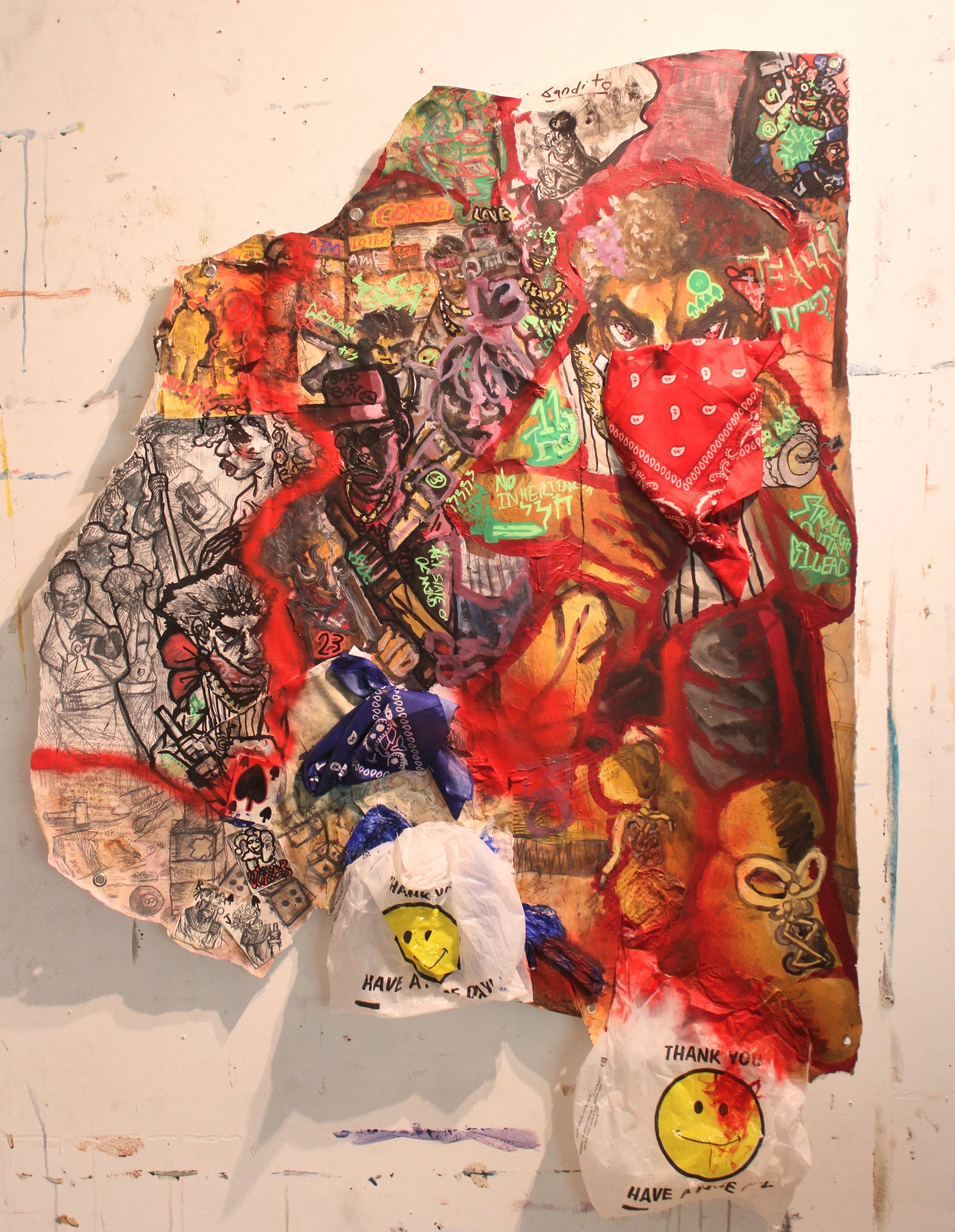 Jephthah of Gilead/ So be it, 46 x 62 inches, Acrylic, plastic bags, bandanas, graphite pencil, markers, carbon tracing on Arches and mixed media paper, 46 x 62 inches, 2026.