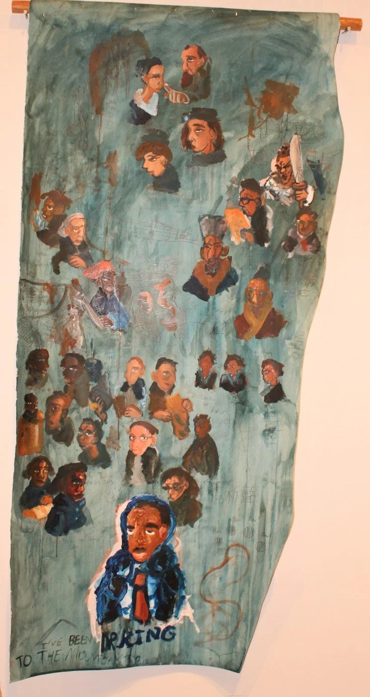 Church history: Modern, Acrylic and graphite pencil on Arches paper  attached to dowel, 35 x 66 inches, 2024.