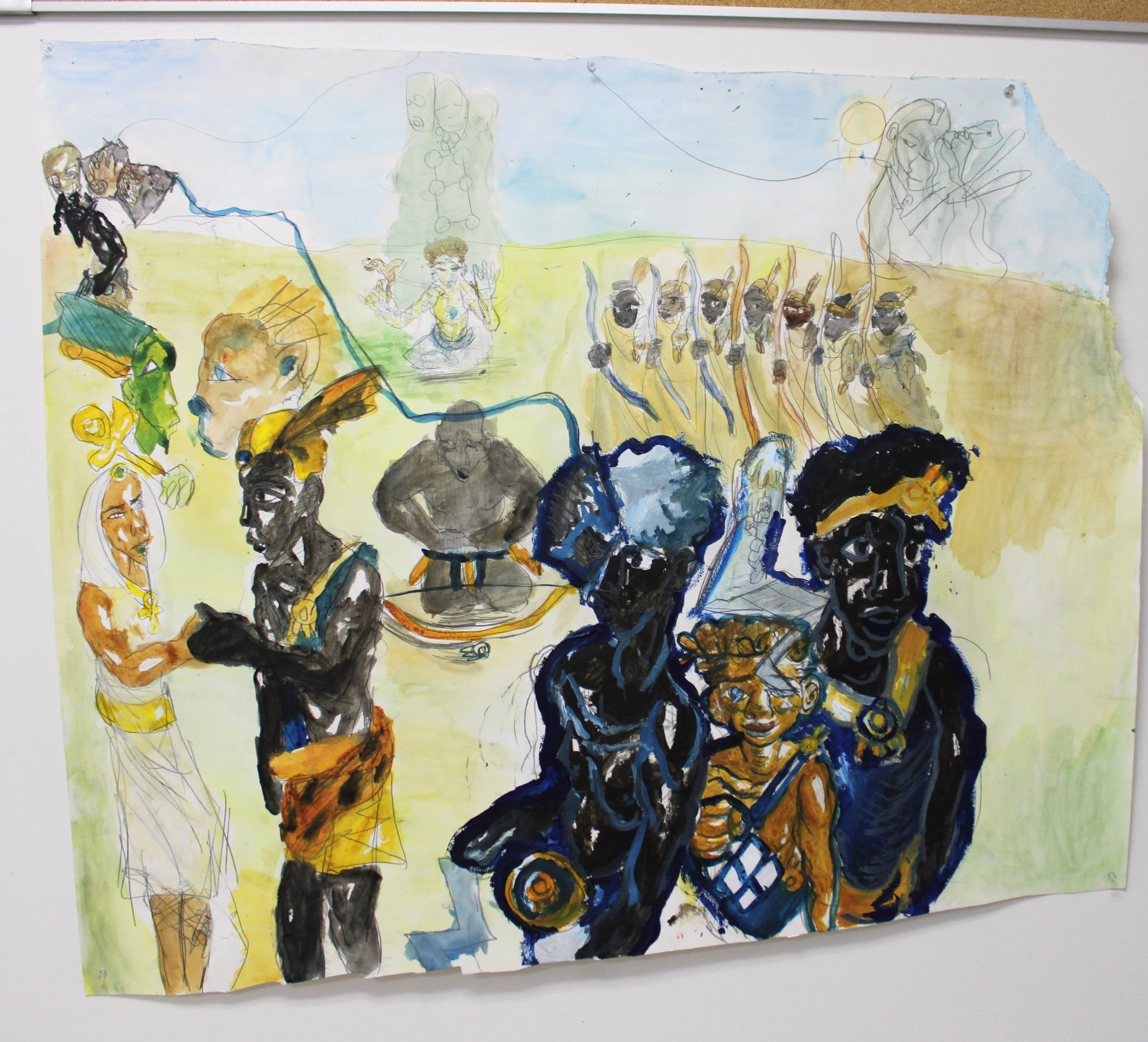 IX. Kush/Cush (Nuba @SAMO), Acylic, watercolor, and graphite pencil, 42 inches x 38 inches, 2023.