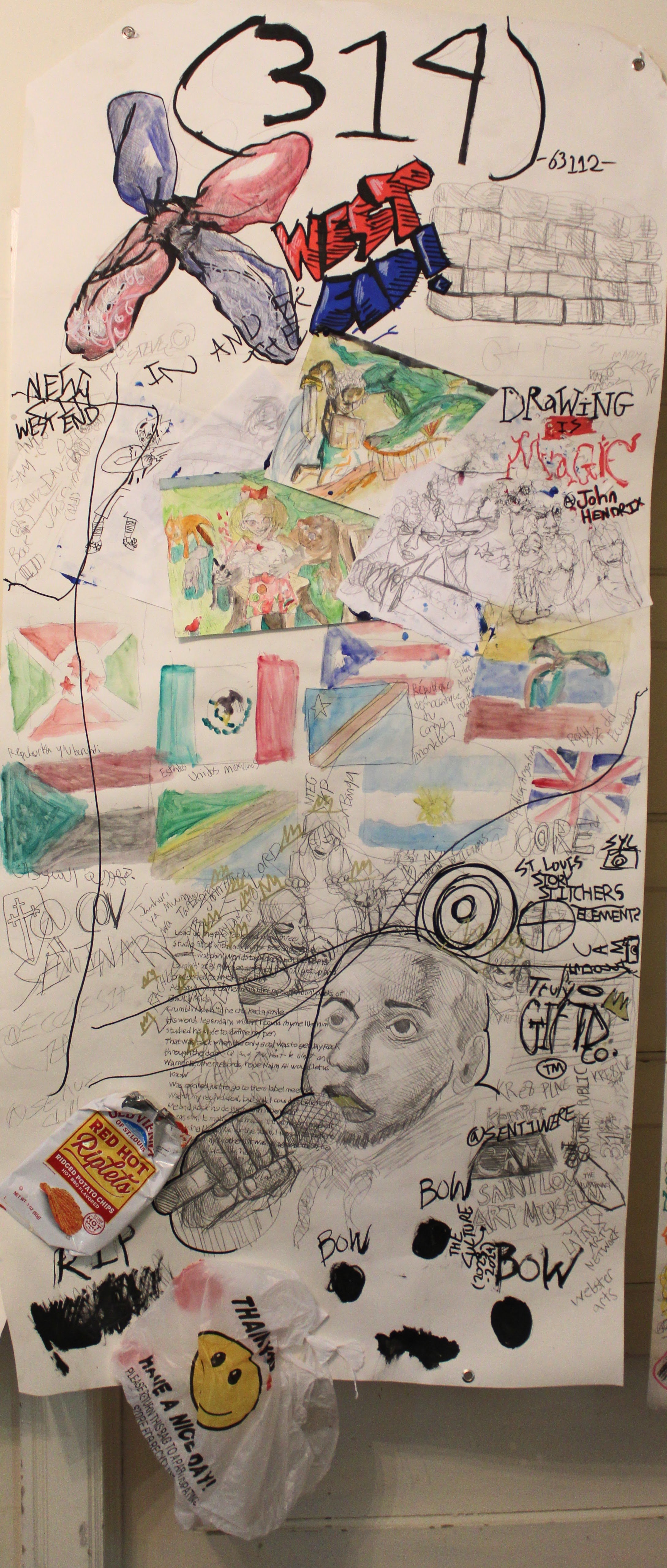 314//63112, Plastic bags, collaged paper, acrylic, watercolor , graphite pencil, posca markers, and carbon tracings on drawing paper, 36 x 85 inches, 2025.