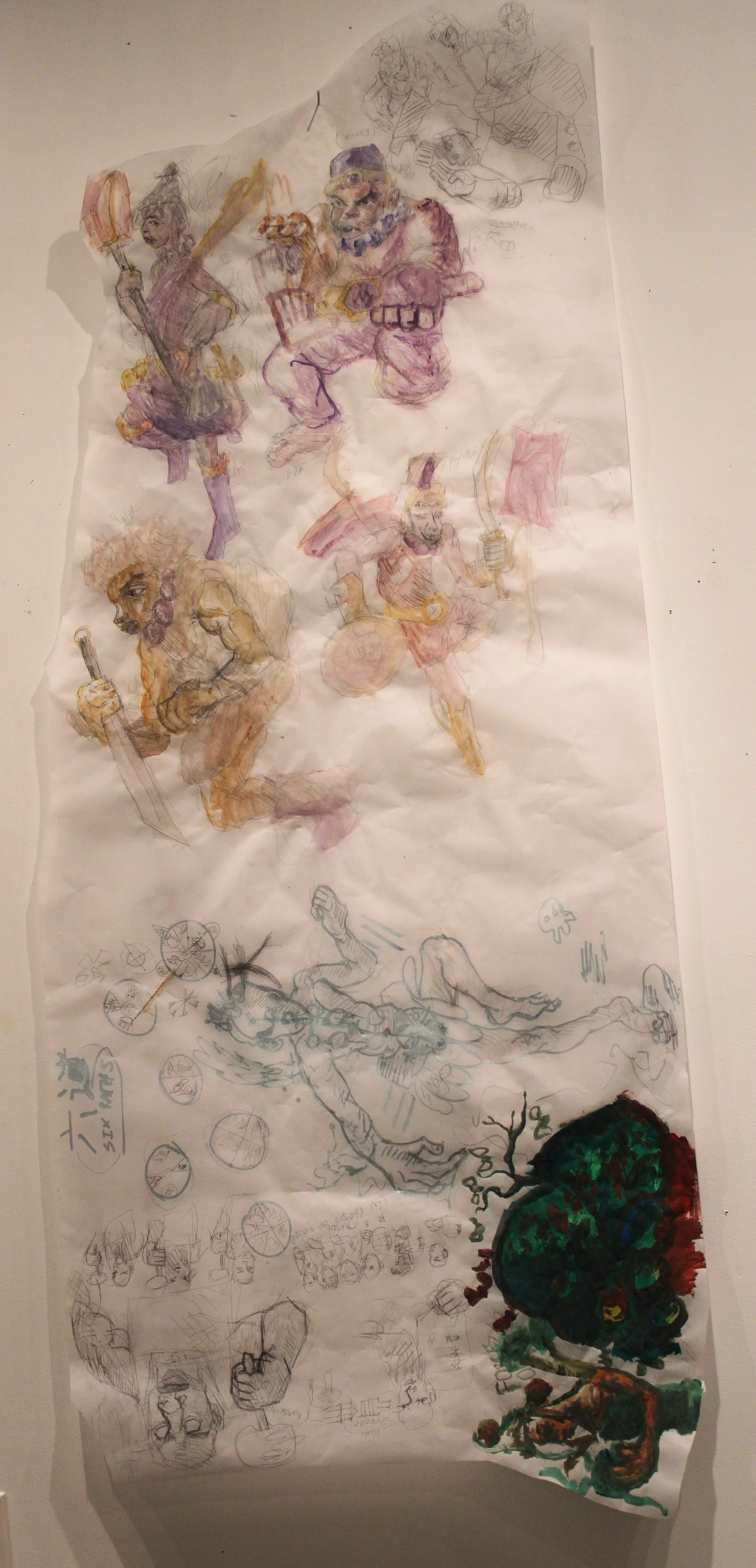 Character anthology Part 3, Acrylic, ink, watercolor, gauche, and graphite pencil on Vellum paper, 36 x 90 inches, 2025.