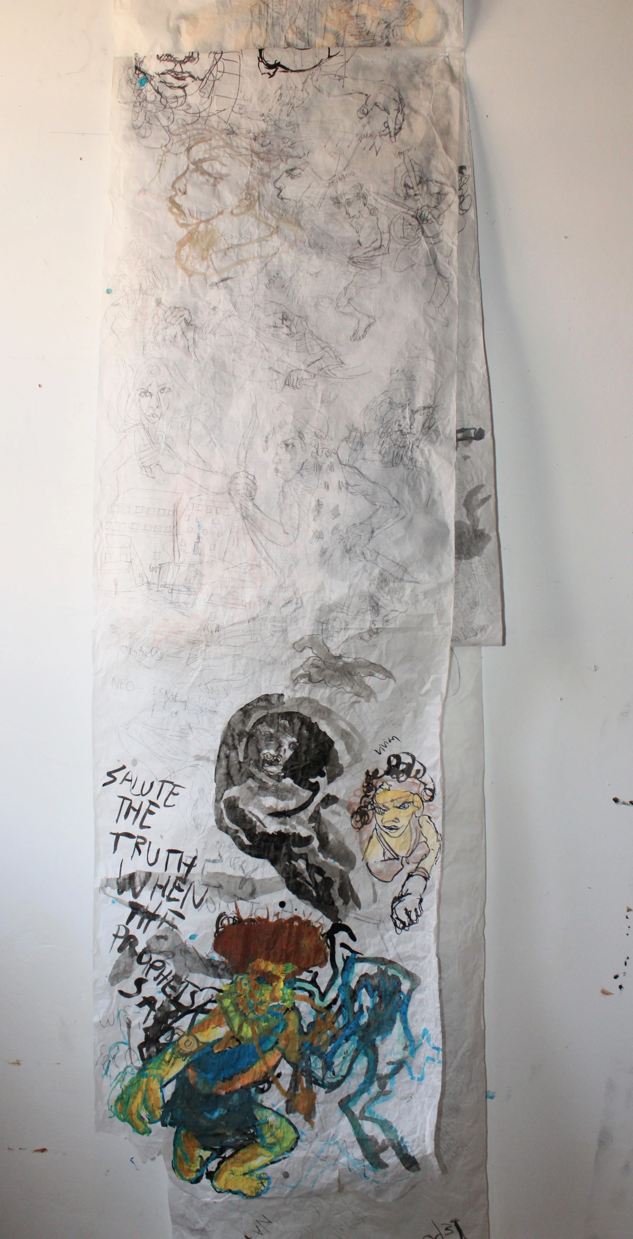 Salute when the Prophets say part 1, Watercolor, Gauche, ink, and graphite pencil on Vellum, 28 x 82 inches , 2024.