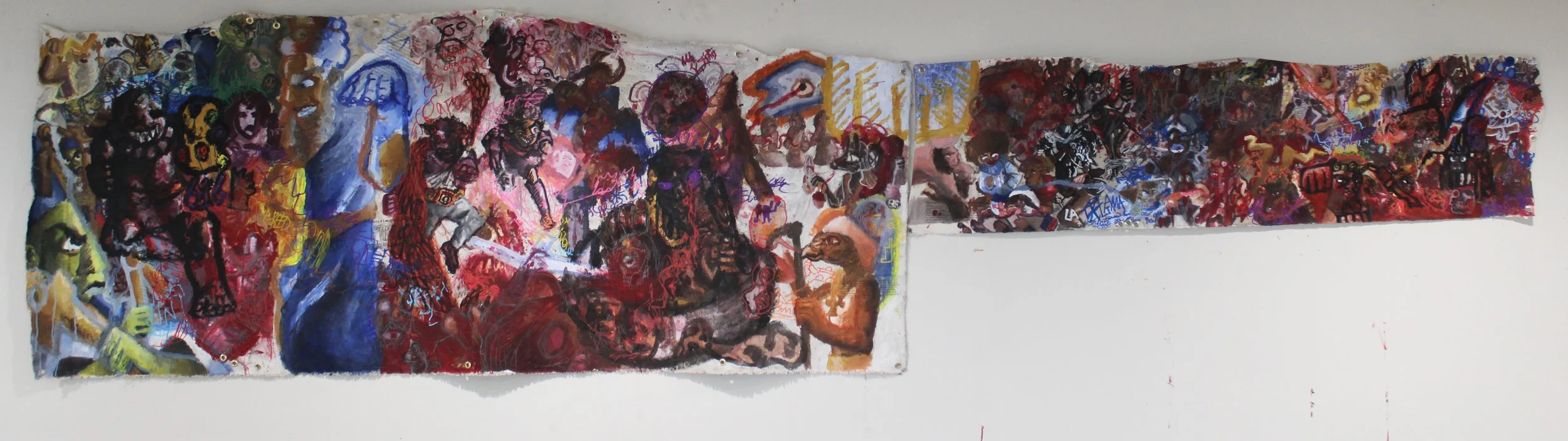 Death of the Old Gods: 666/999, Acrylic, graphite pencil, posca markers, and carbon tracing on Canvas and Arches paper, 180 x 38 inches, 2025.