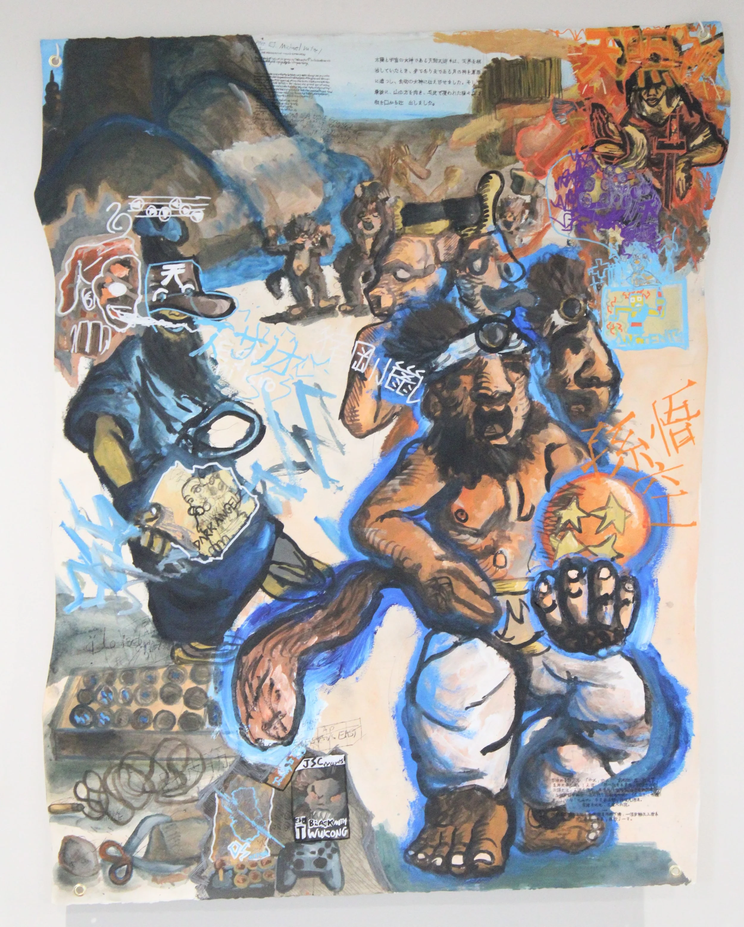 East I. Sun Wukong, Acrylic, graphite pencil, posca markers, and carbon tracing on Arches paper, 40 x 52 inches, 2025.