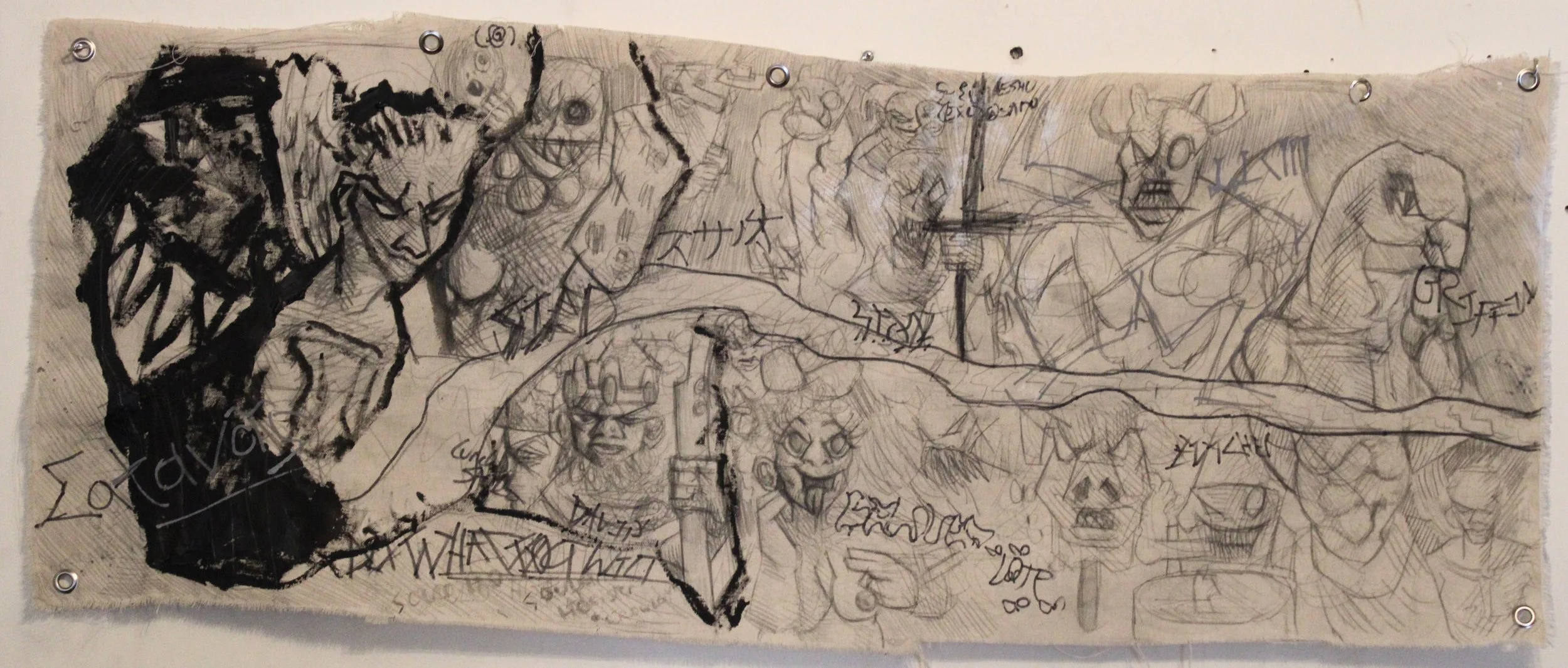 Ancients side B (Do What thought wilt), Acrylic, graphite pencil, Posca markers and carbon on Canvas, 19 x 49 inches, 2025.
