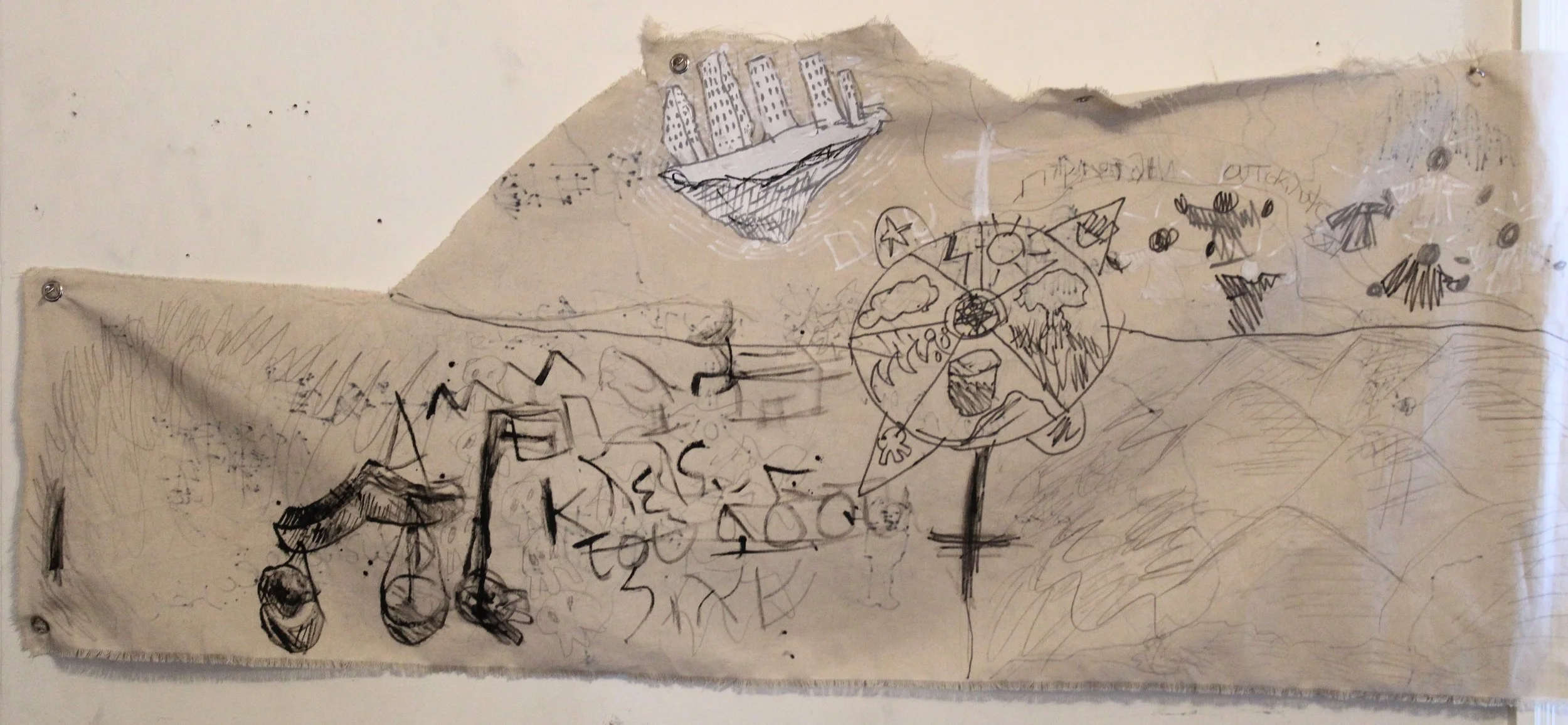 Maps side A Nations (Cosmology), Graphite pencil, Posca Markers, and carbon paper on Canvas, 2025.