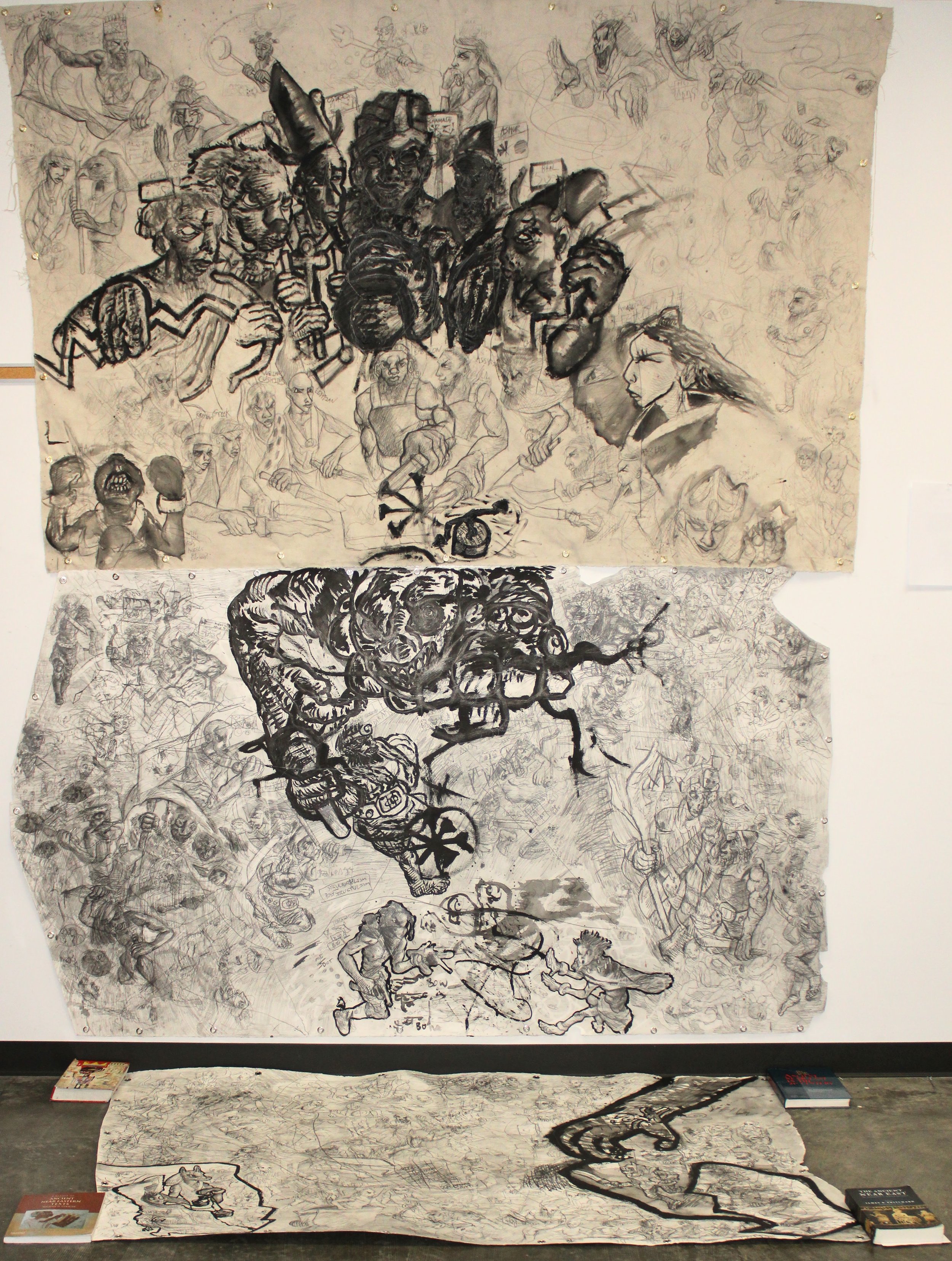 The Histories: connection of heaven and earth, Graphite pencil, ink, and acrylic paint on un-stretched canvas/Arches paper, 157 inches x 90 inches, 2024.