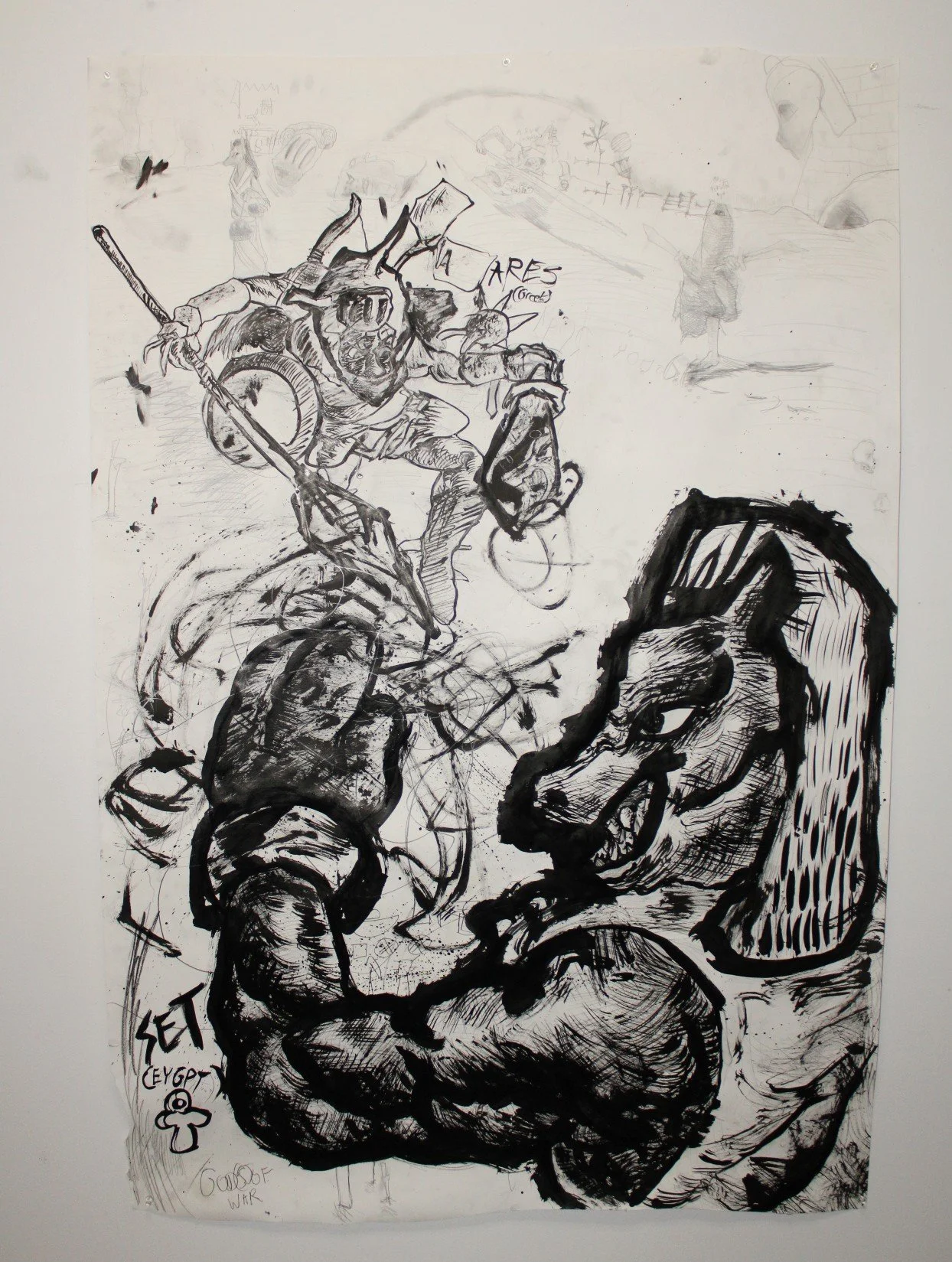 War Gods, Ink and graphite pencil on Drawing paper, 42 inches x 52 inches, 2023-2024.