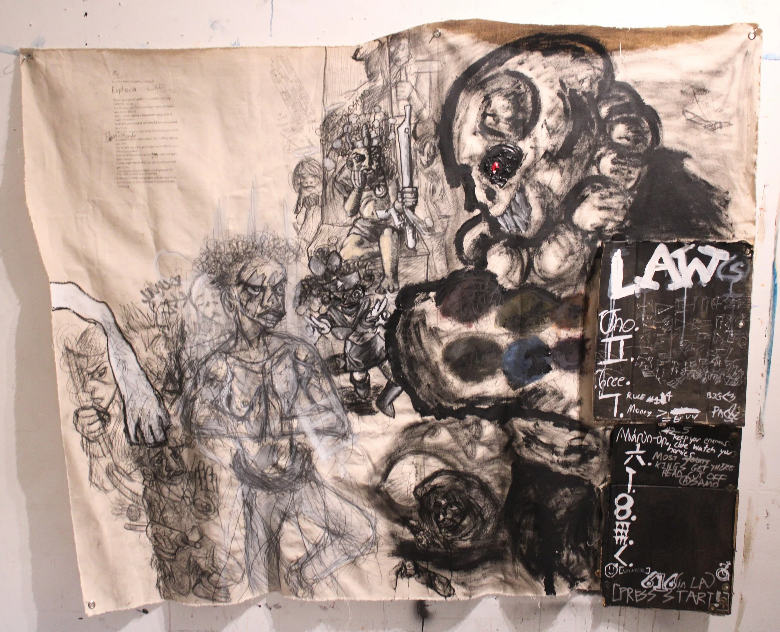 War interlude: Law(s), Acrylic, pencils, ink, oil pastel, markers, and carbon tracing on Cardboard and Canvas, 36 x 79 inches, 2026.