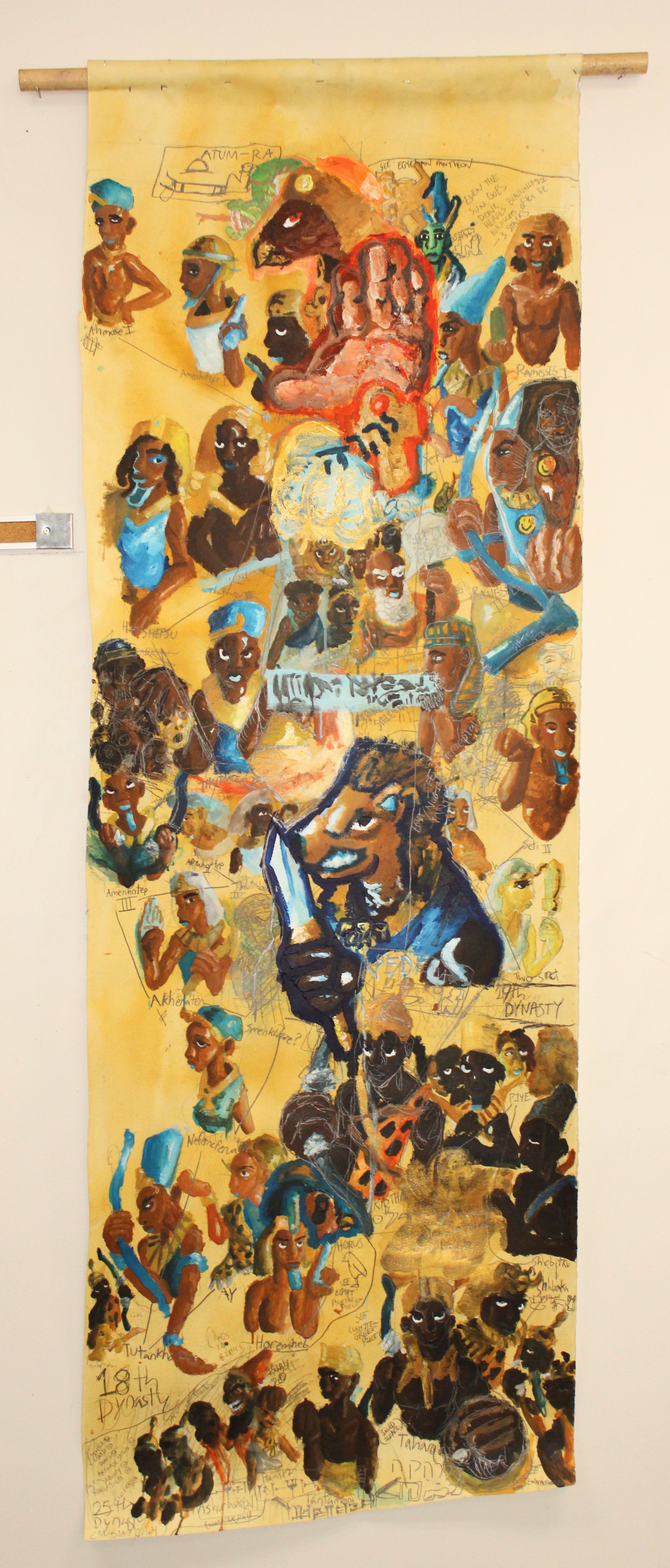 Egyptian Dynasty, Acrylic and Graphite pencil on Arches paper attached to dowel, 35 x 88 inches, 2024.