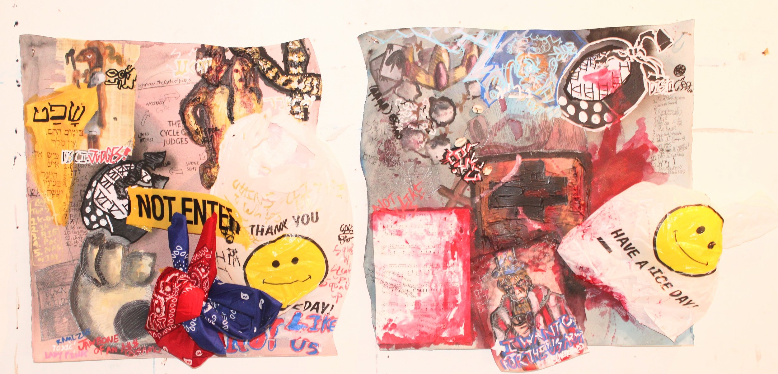 Judges intro and Crow outro, Acrylic, graphite pencil, modeling paste, plastic bag, bandanas, cowrie shells, marker, and carbon tracing on collaged paper/Arches paper, 28 x 48 inches, 2025.