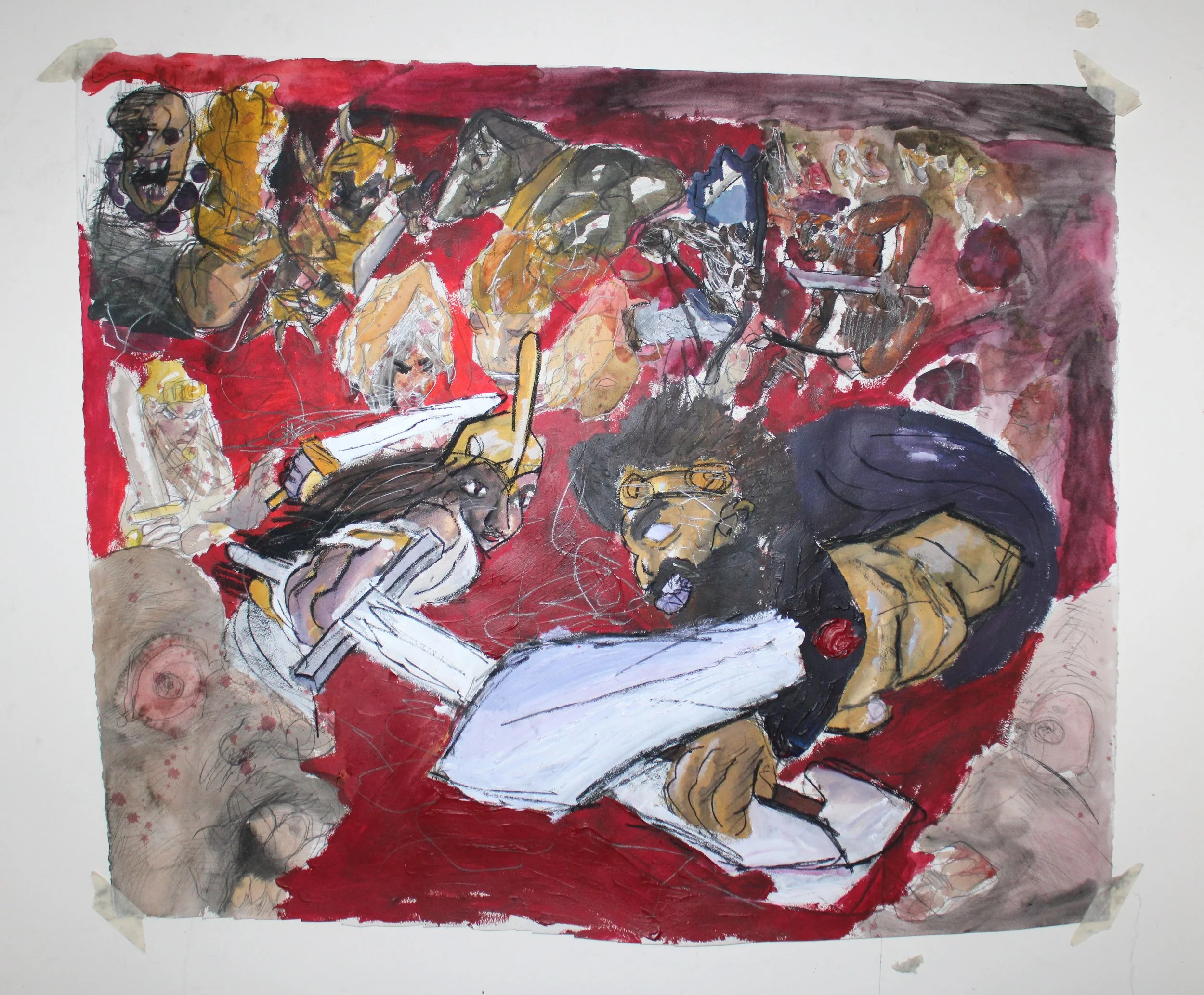 IV. Thesis vs. Antithesis, Charcoal, graphite pencil, acrylic paint, and watercolor on Arches paper, 48 inches x 46 inches, 2023.