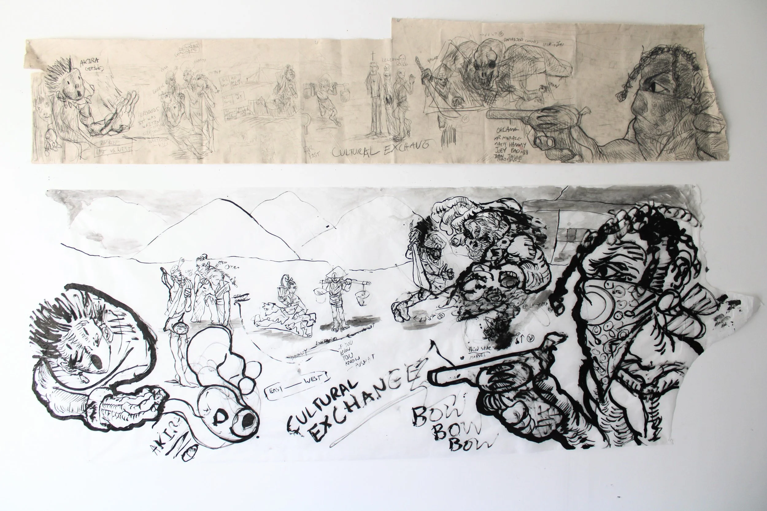 Culture exchange (s) I and II, Graphite pencil on canvas and Ink on Vellum paper, 91 x 36 inches and 97 x 36 inches, 2023.