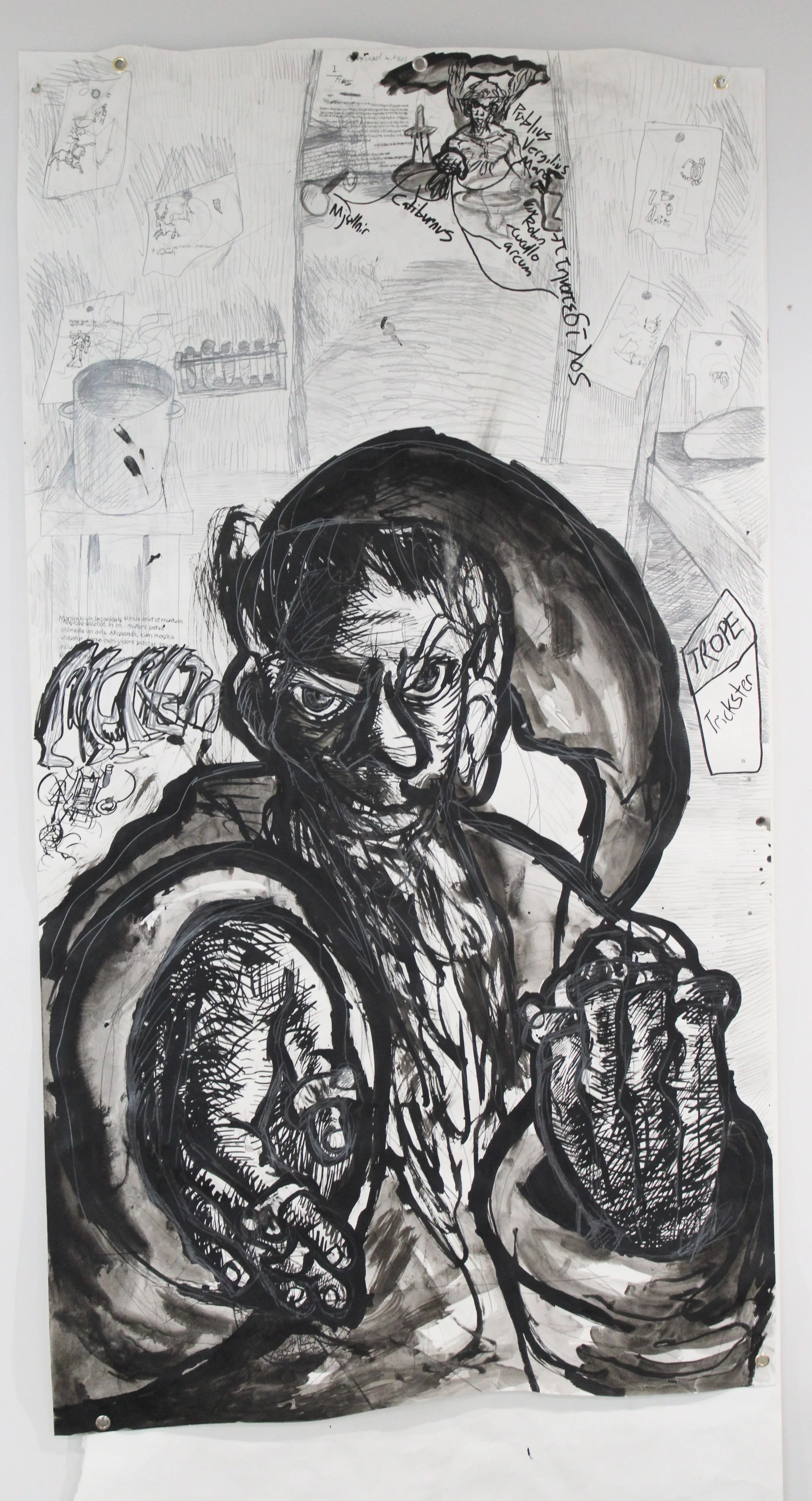 West/East trickster interlude side A: Merlin, Ink, graphite pencil, posca markers, and carbon tracing on Drawing paper, 2025.