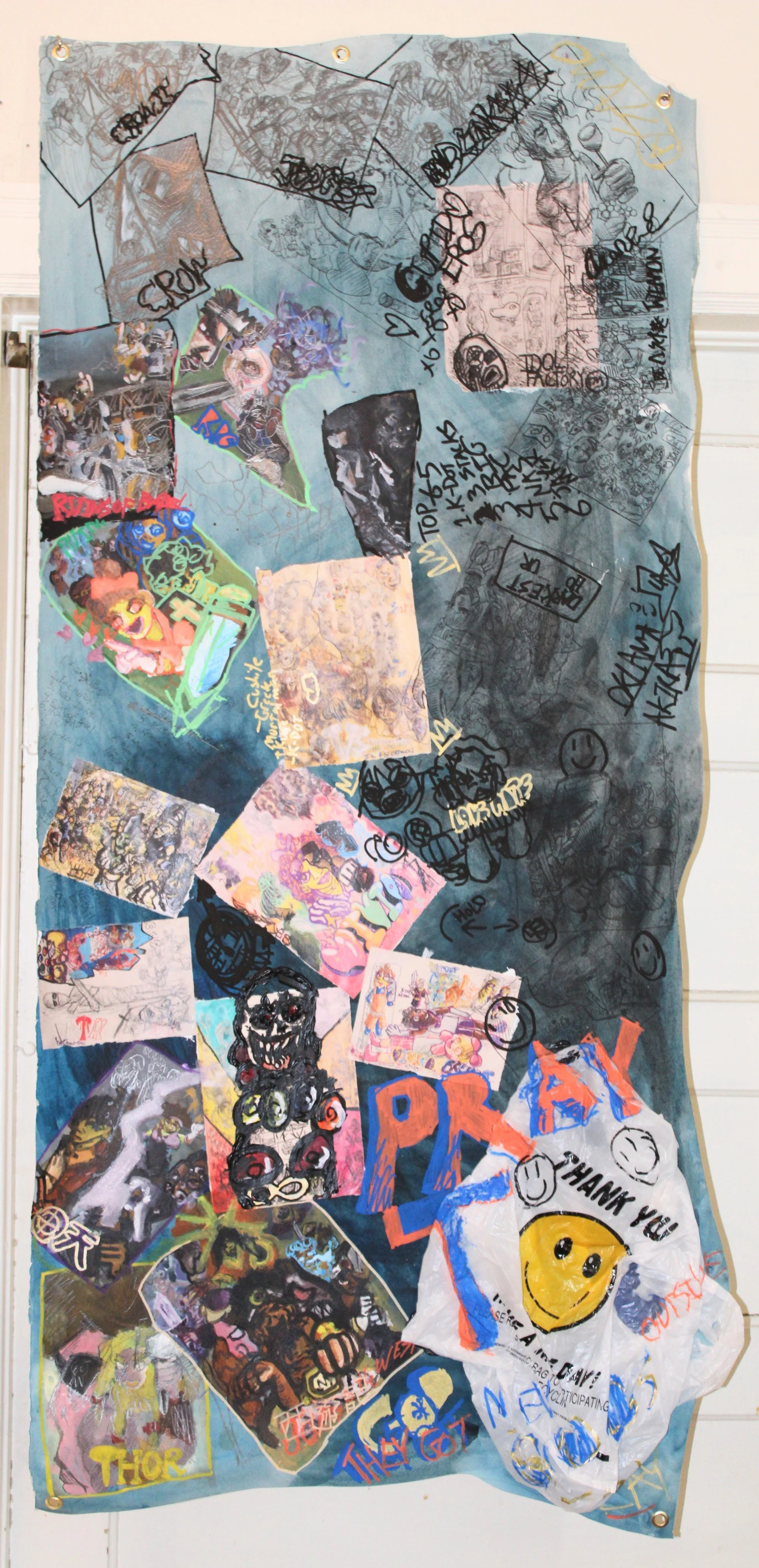 TM II: Birth of the New Gods II LLC//TM, Acrylic, graphite pencil, collaged paper, plastic bag, posca markers, and carbon, 30 x 61 inches, 2025.