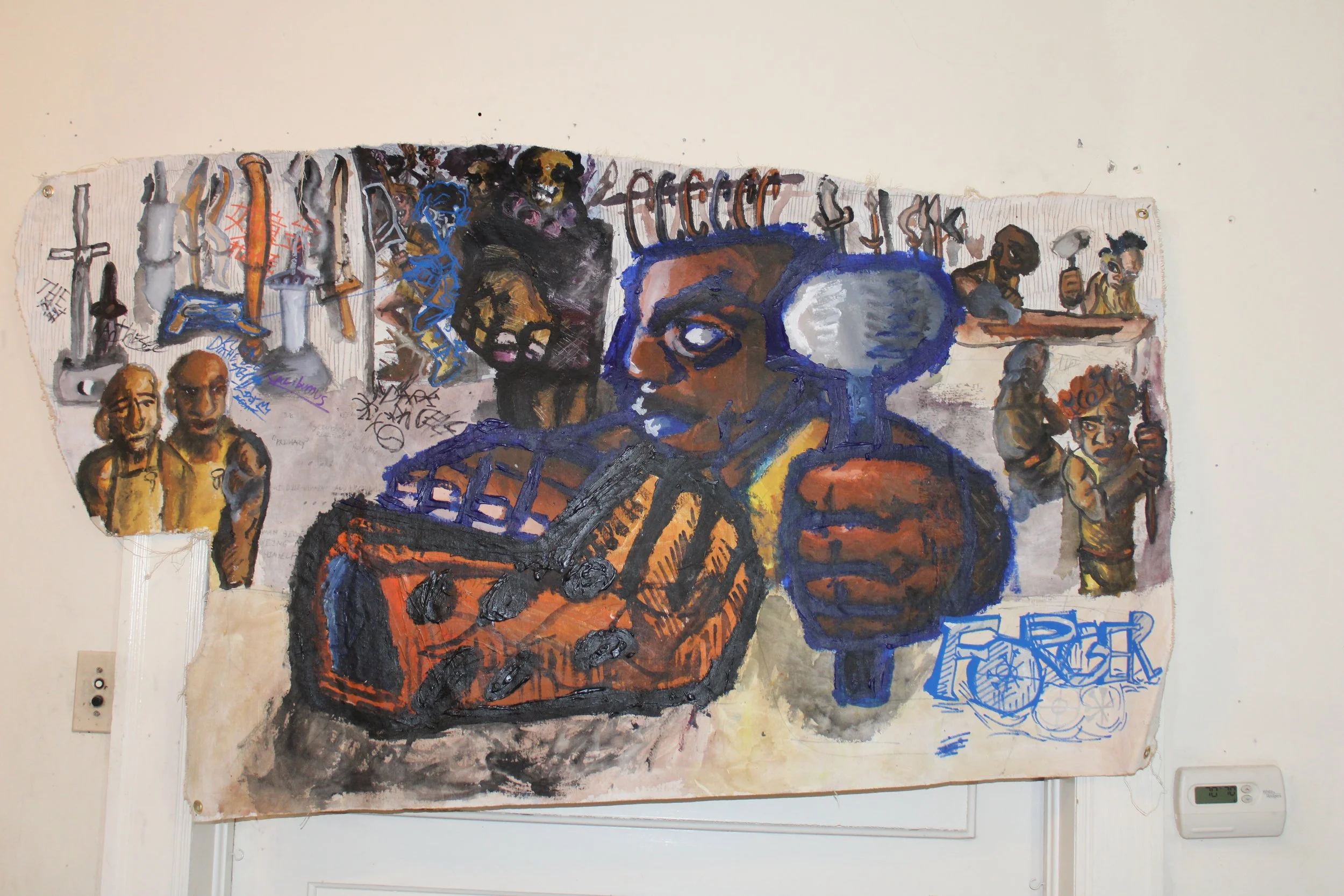 Axial(s) VI: Forger and the Legendary weapons, Acrylic, graphite pencil, posca markers, and carbon on Canvas, 38 x 32 inches, 2025.