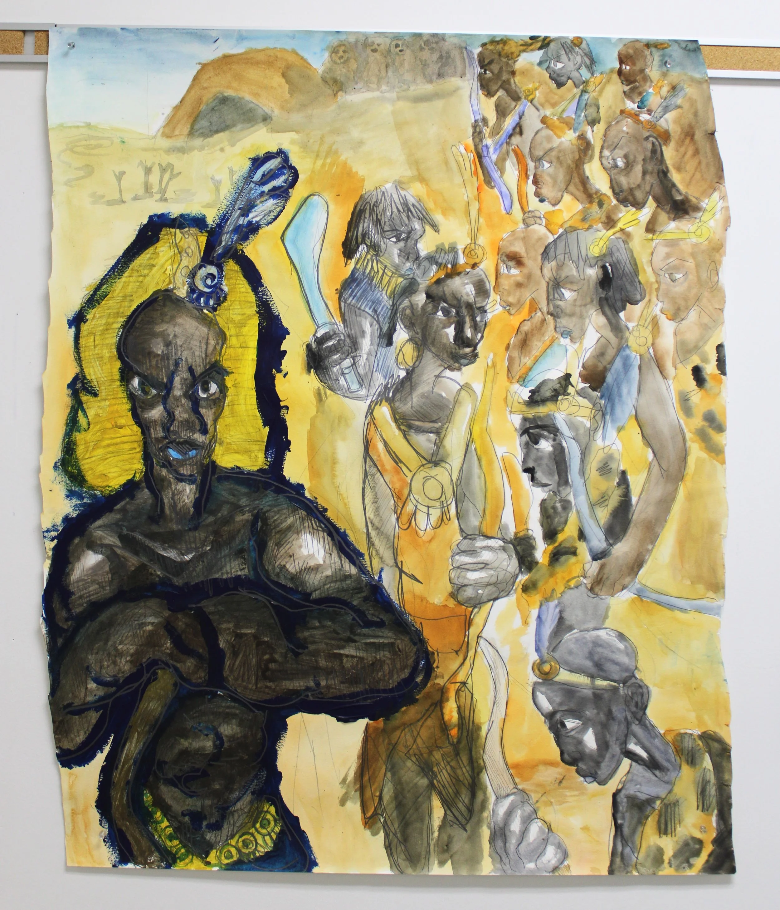 III. Nubian Warriors, Acrylic, watercolor, and graphite pencil, 35 inches x 42 inches, 2023.