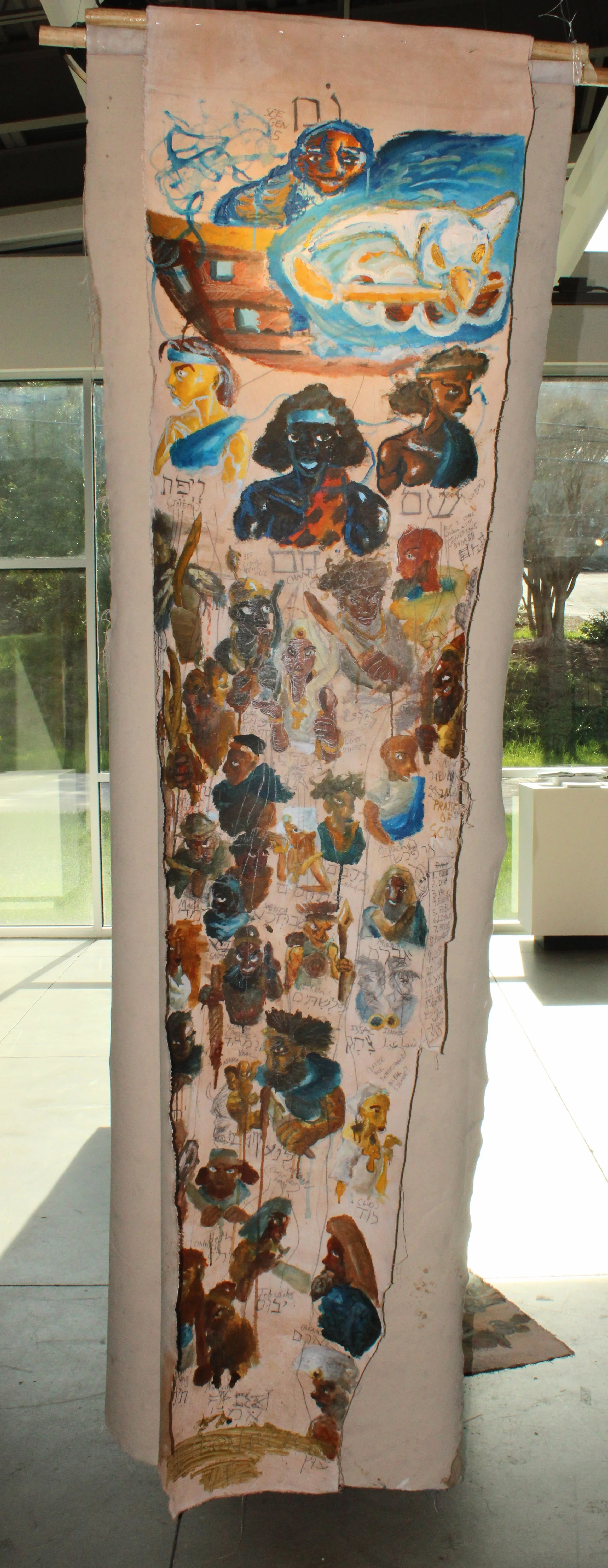 I Chronicles I, Acrylic and Graphite pencil on un-stretched canvas attached to dowel, 33 inches x 104 inches, 2024.