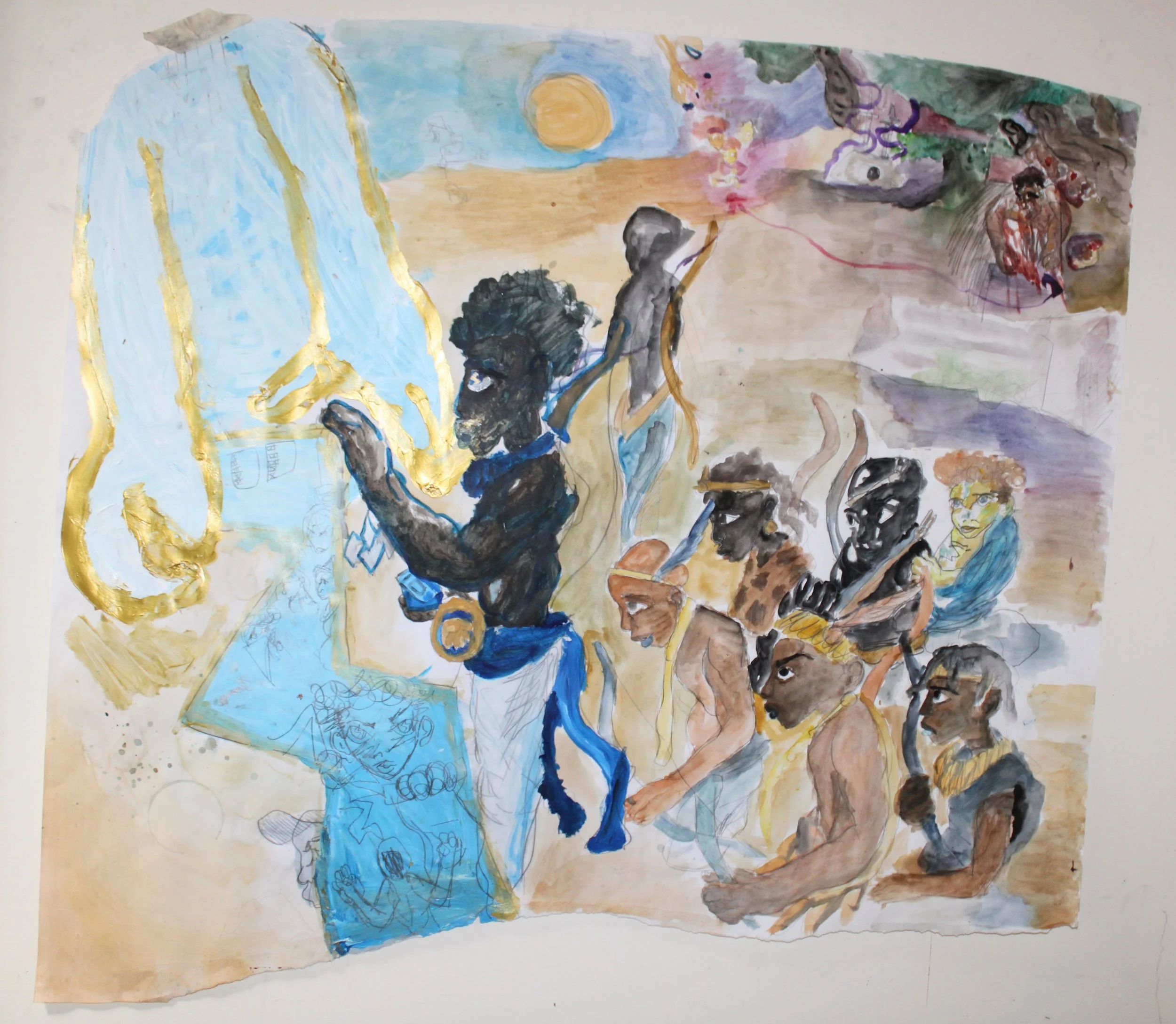 VIII. Inheritance (Blessings, curses, and fulfillment), Watercolor, acrylic paint, and graphite pencil, 48 inches x 42 inches, 2023.