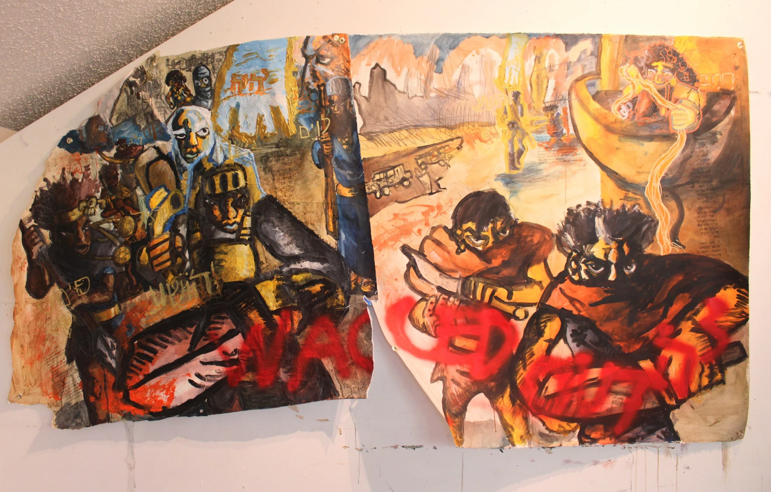 Yehoshua part I: From Mizrium to Canaan, Acrylic, graphite pencil, spray paint, markers, and carbon tracing on Mixed media and arches paper, 92 x 51 inches, 2025.