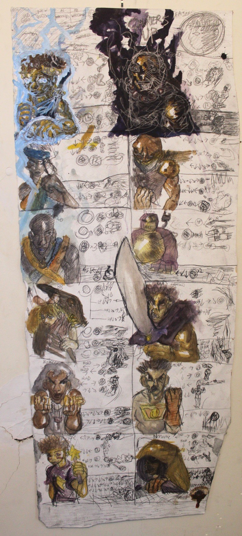 Movelist part I Side A, Acrylic, watercolor, and graphite pencil, 16 x 36 inches, 2024.