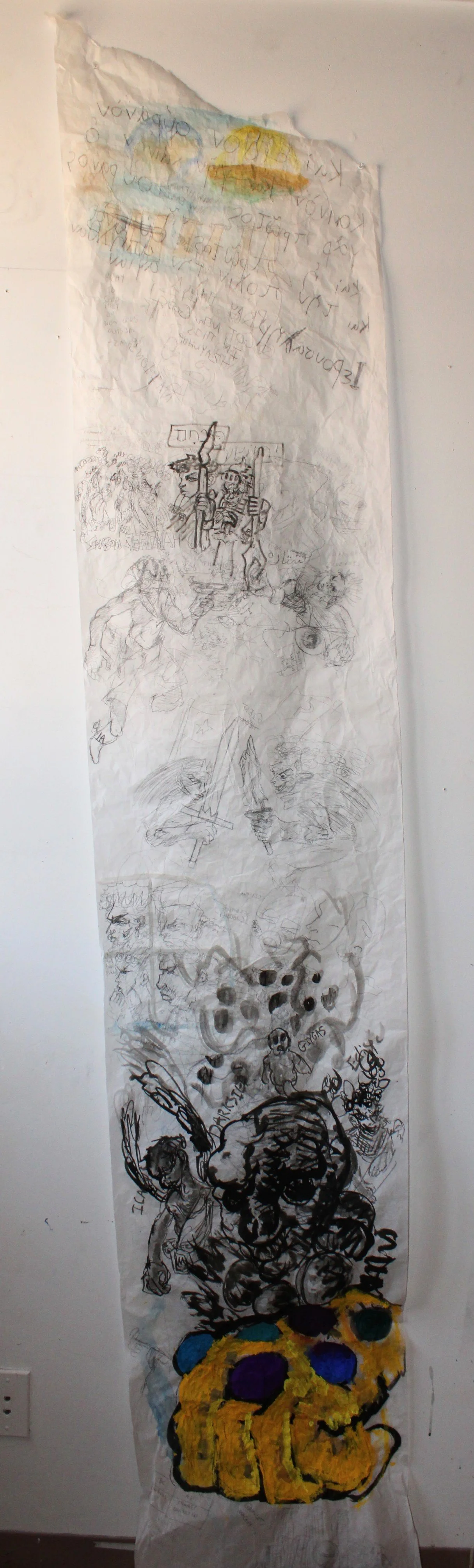 Salute when the Prophets say part 3, Watercolor, Gauche, ink, and graphite pencil on Vellum, 28 x 82 inches, 2024.