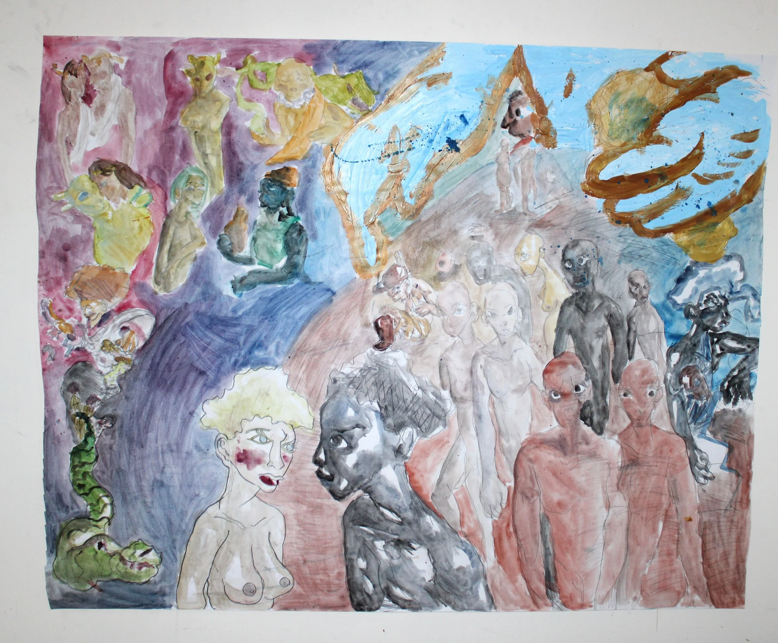 III. Creation of humans, Acrylic, watercolor, and graphite pencil on Mixed media paper, 36 inches x 42 inches, 2023.