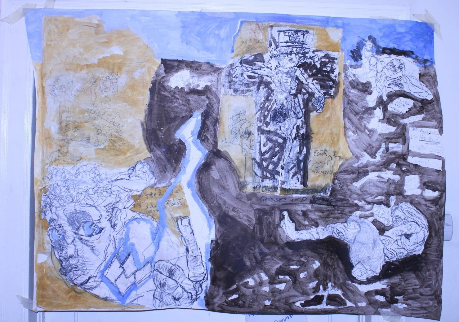Crosses and Triggerz, Acrylic ,charcoal, and graphite pencil on Bristol paper, 50 x 42 inches 2022.