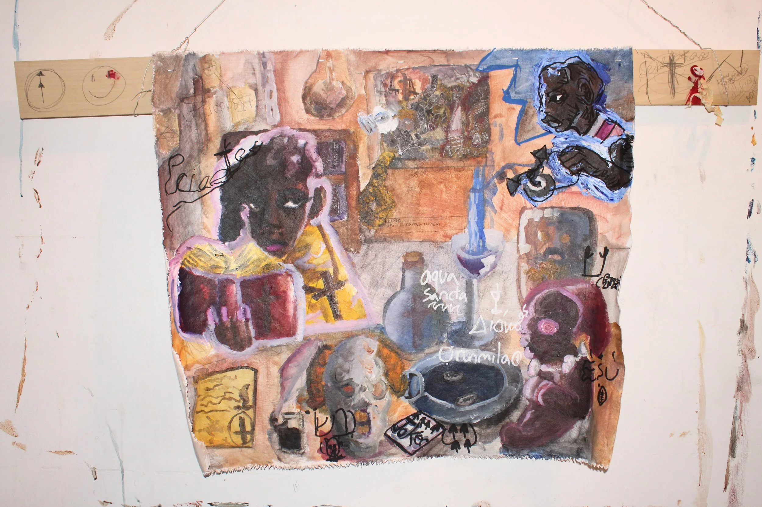 Magicians: Priestess, Acrylic, graphite pencil,  marker, carbon tracing, and cowrie shell on Canvas attached to wooden board,  48 x  26 inches, 2025.