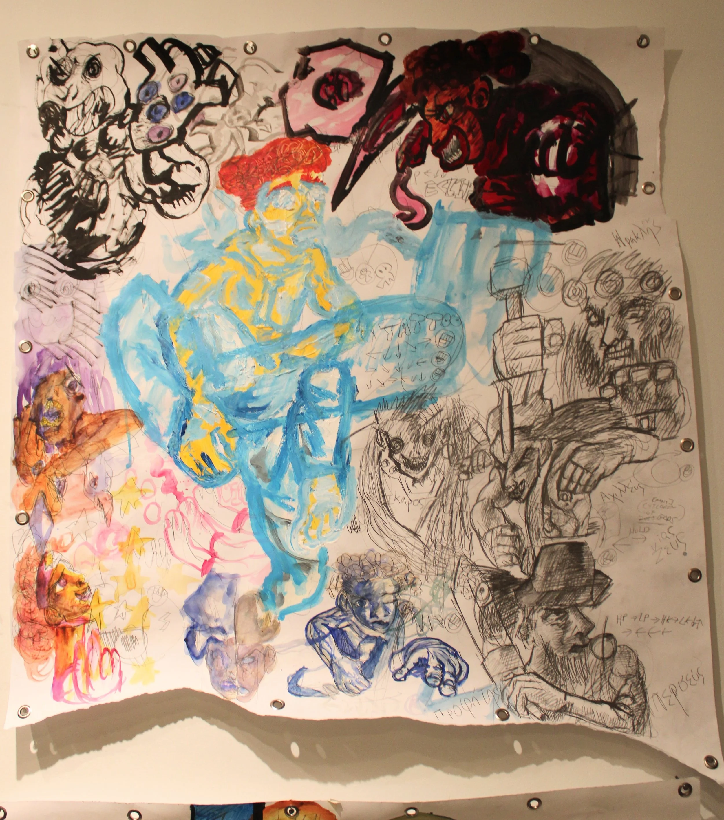 Movelist/ Hieroglyphics III , Acrylic, gauche, watercolor, ink, and graphite pencil on Mixed media paper, 34 x 48 inches, 2024.