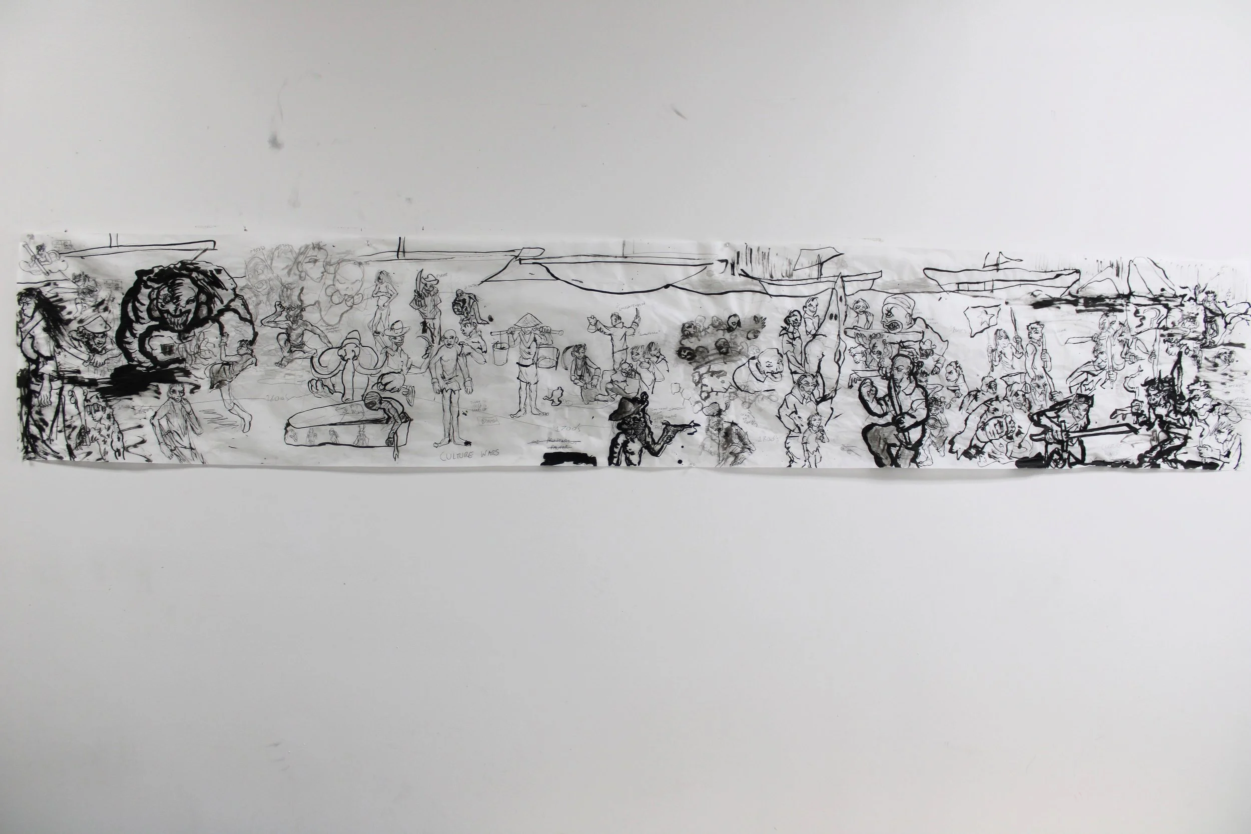 Culture Wars, Ink and graphite pencil on Vellum paper, 18 x 82 inches, 2023.