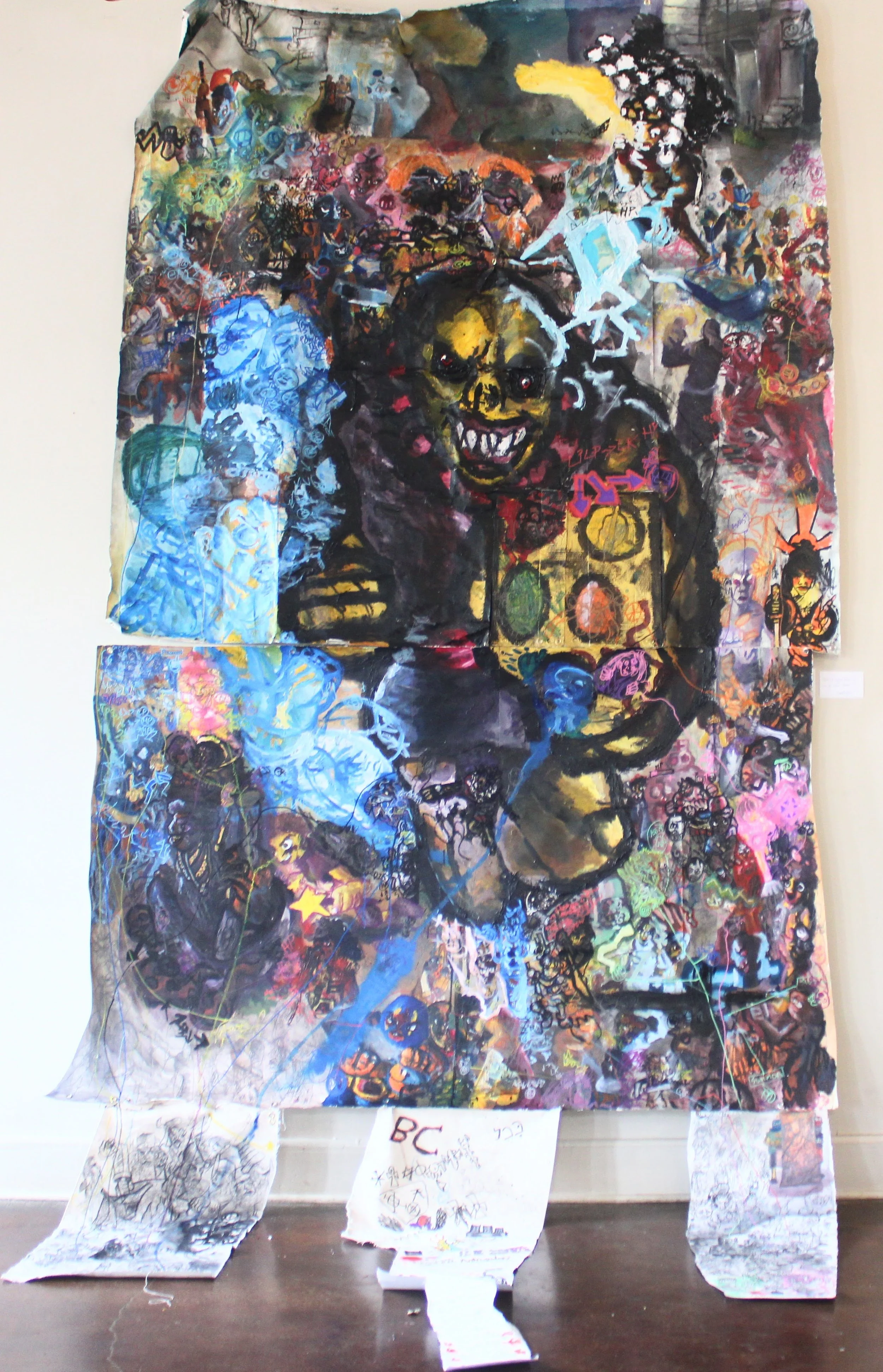 Cultural Anthropology: Warfare (BC/AD), Acrylic, graphite pencil, spray paint, modeling paste, collage, ink, oil pastels, markers, and carbon tracing on Cardboard, canvas, and mixed media/arches paper