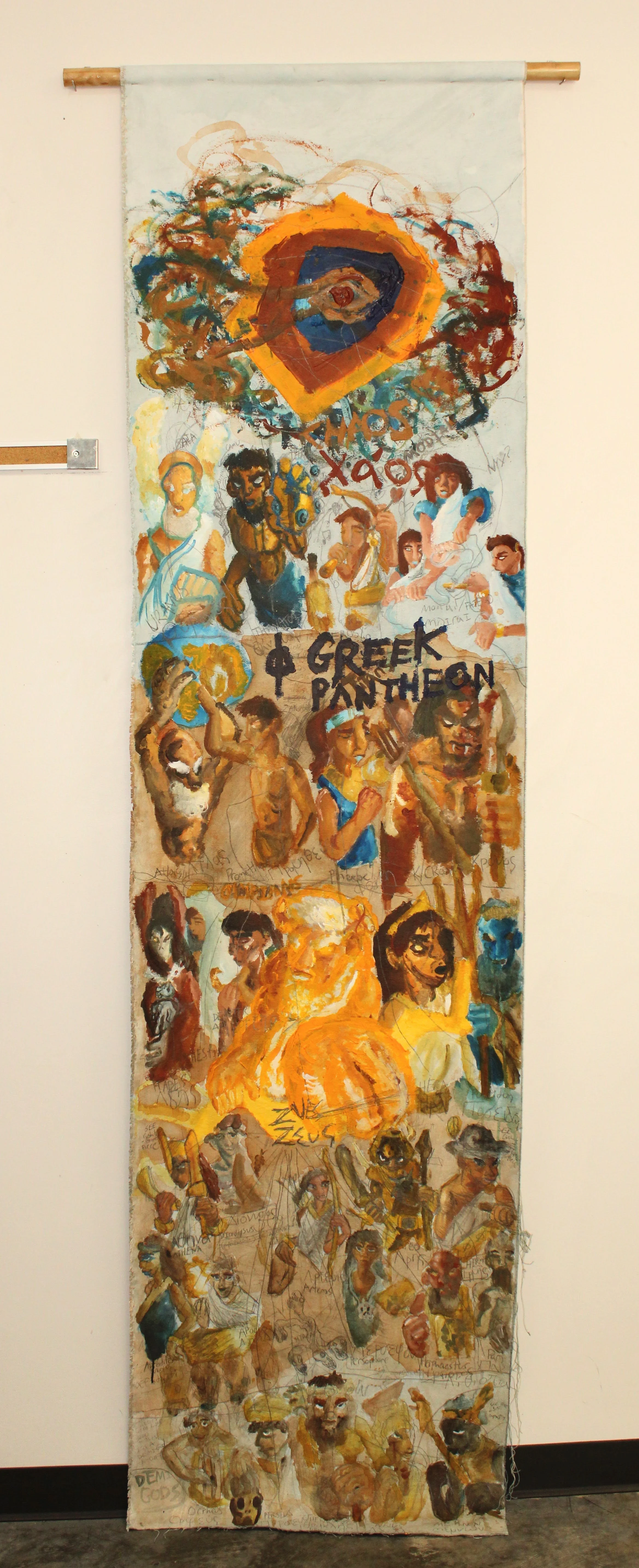 Greek Pantheon, Acrylic and Graphite pencil on un-stretched canvas attached to dowel, 34 x 108 inches, 2024.