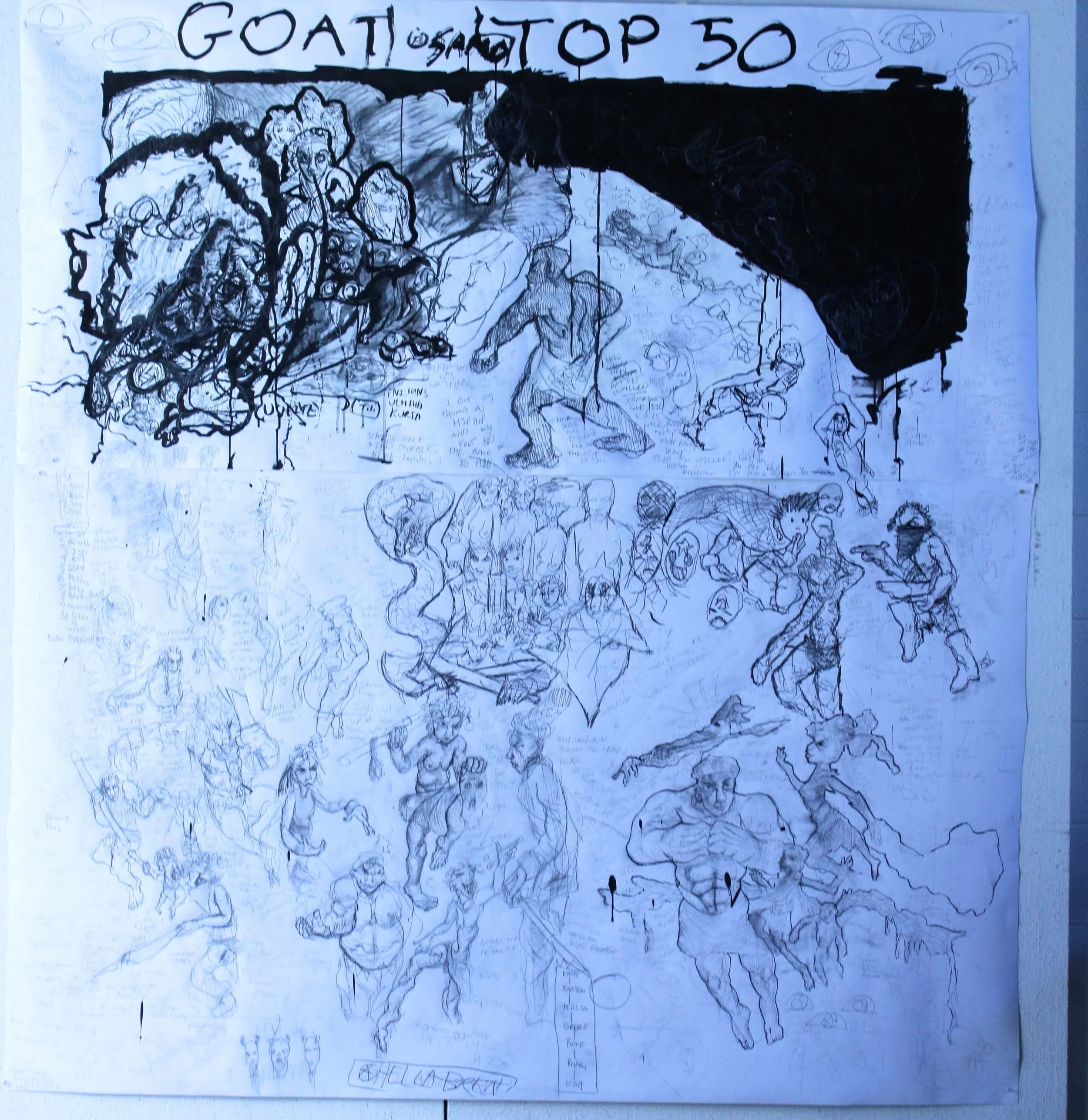 Top 50 part I, Graphite pencil, ink, and charcoal on Drawing paper, 84 x 78 inches, 2022.