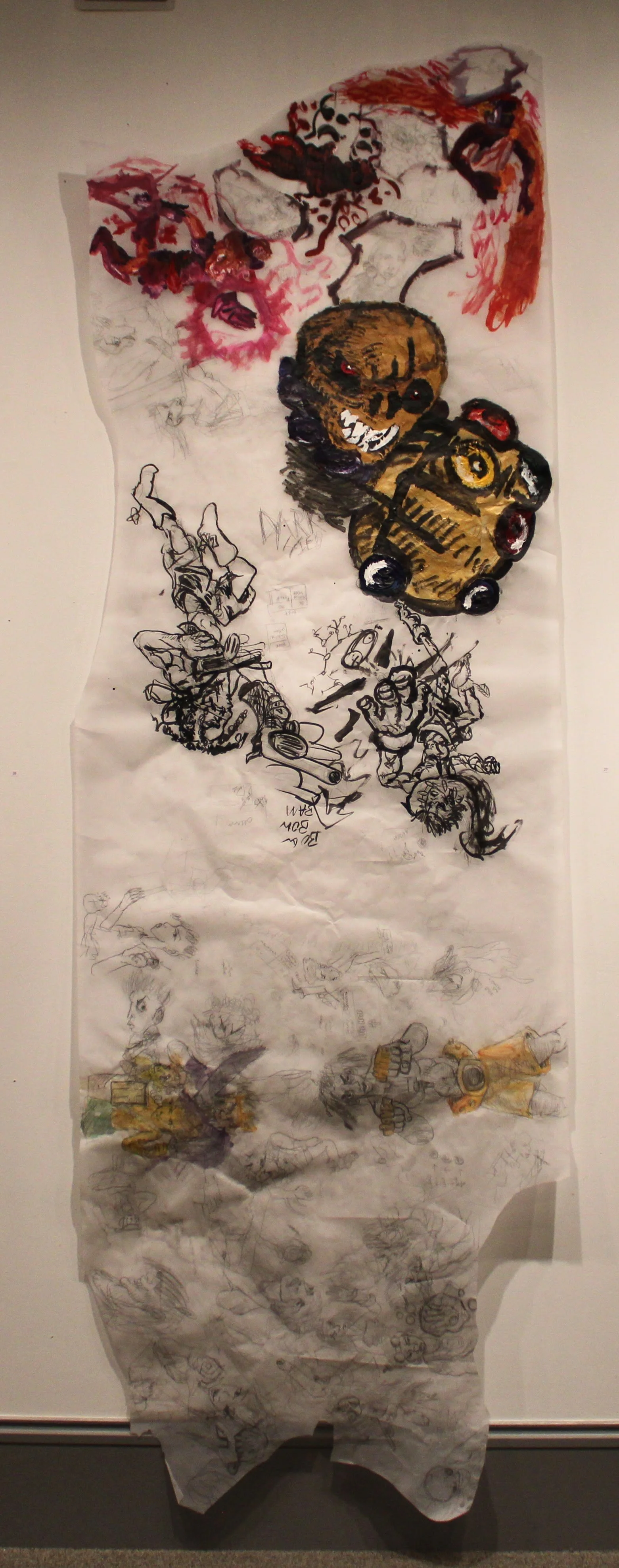 Character anthology Part 2, Acrylic, ink, watercolor, gauche, and graphite pencil on Vellum paper, 36 x 102 inches, 2025.