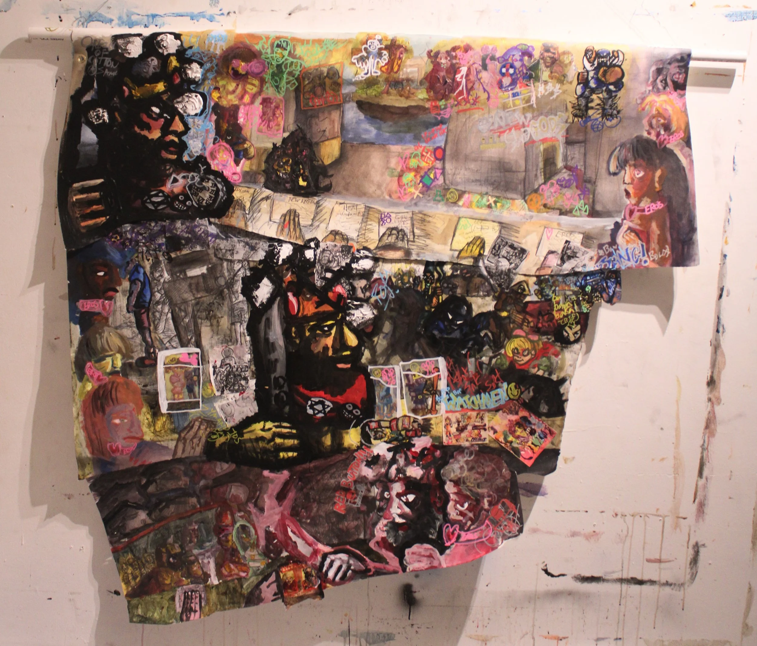 Scientist: New Regime, Acrylic, oil pastel, graphite pencil, collaged paper, ink, marker, and carbon tracing on Arches and mixed media paper on Metal rod, 49 x 66 inches, 2026. 
