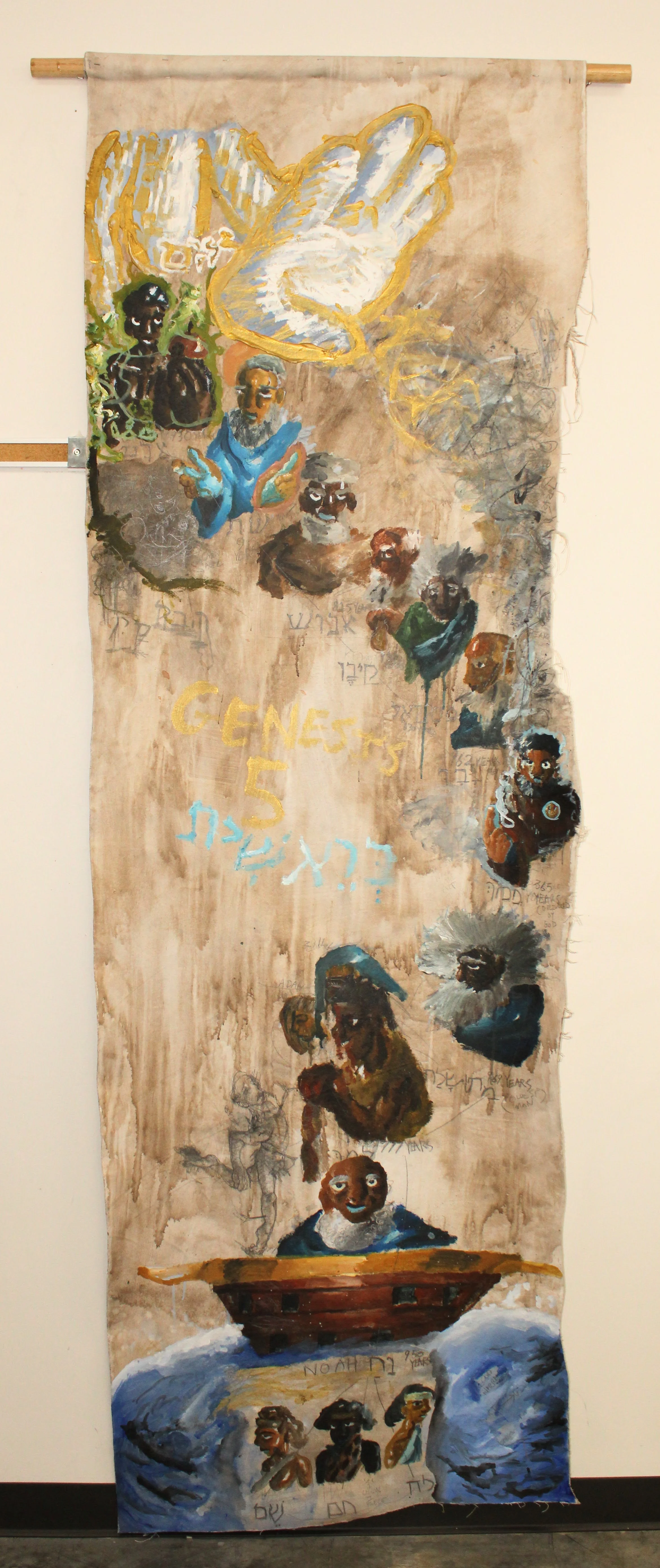 Genesis 5, Acrylic and Graphite pencil on un-stretched canvas attached to dowel, 40 inches x 100 inches, 2024.