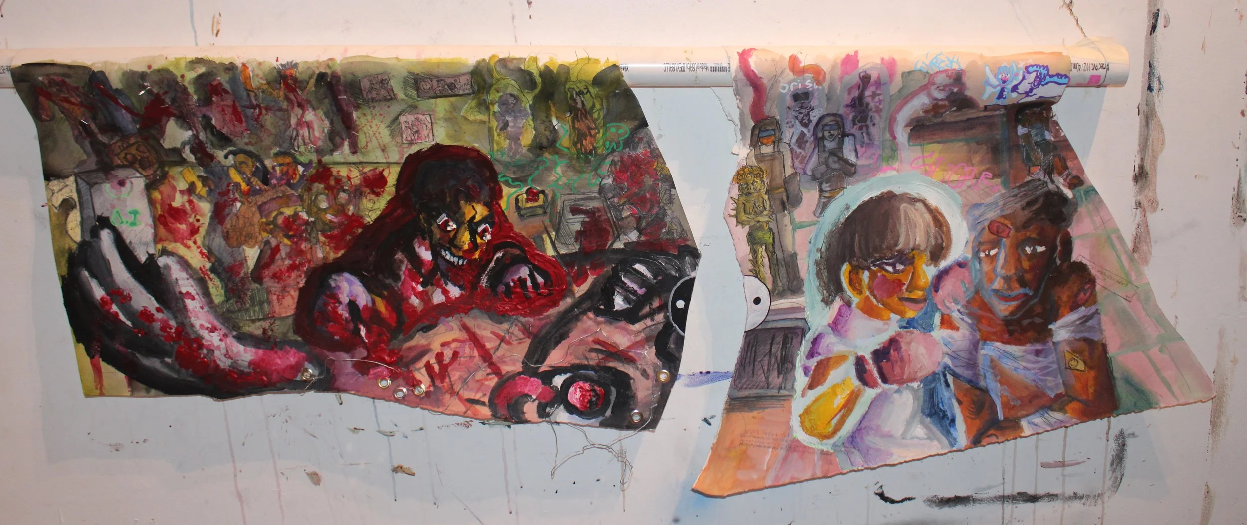 Scientist: Spite and Sugar experiments, Acrylic, wire, grommets, oil pastel, graphite pencil, collaged paper, ink, marker, and carbon tracing on Arches and mixed media paper on Pipe, 60 x 23 inches, 2026. 