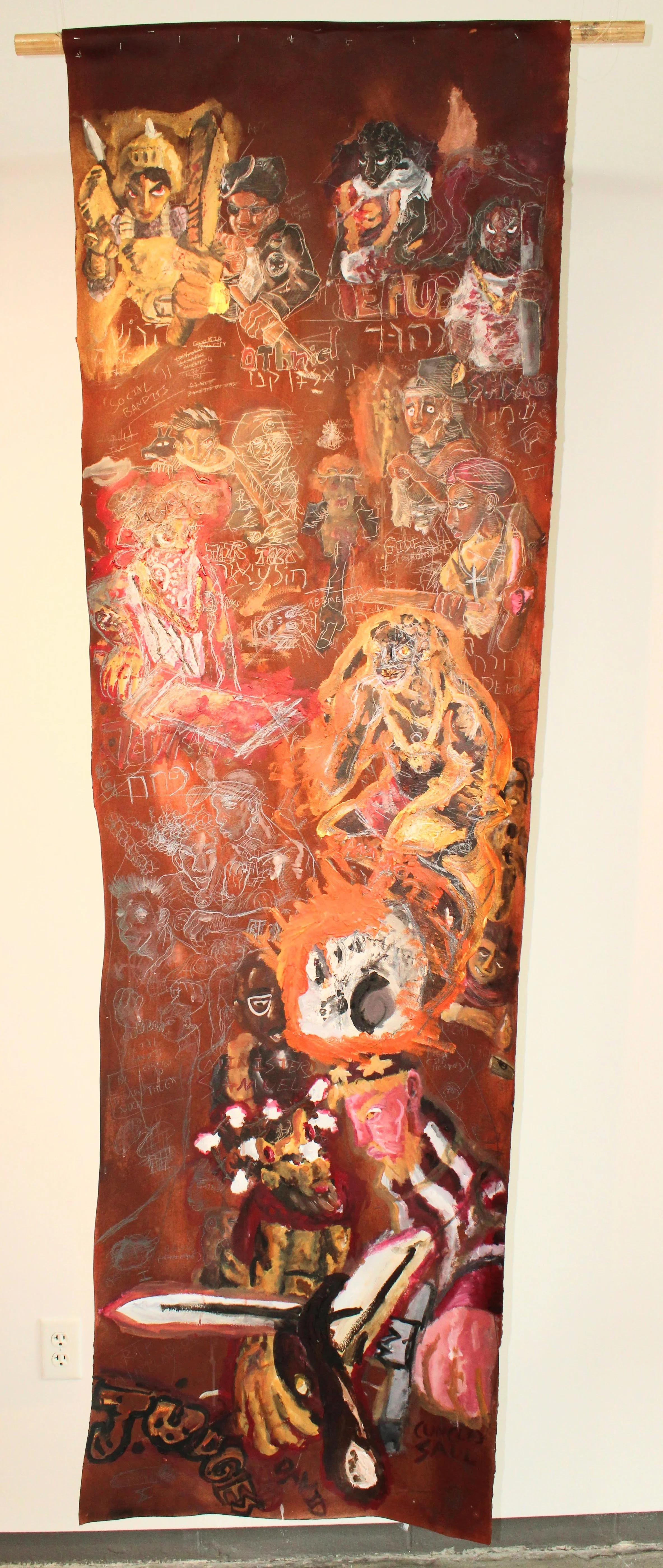 Judges (re-contextualized), Acrylic and Graphite pencil on Arches paper attached to dowel, 34 x 93 inches, 2024.