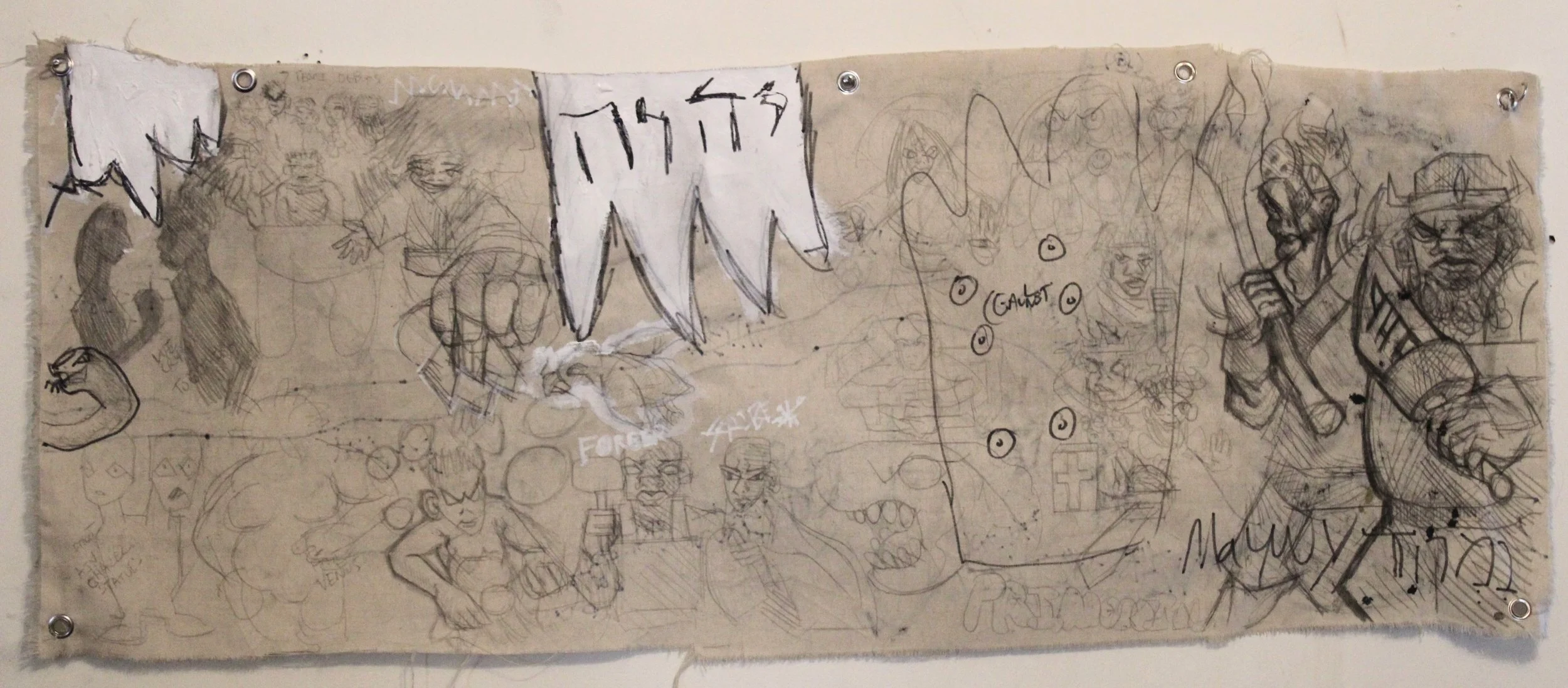Ancients side A (Primordial's), Acrylic, graphite pencil, posca markers, and carbon on Canvas, 19 x 49 inches, 2025.