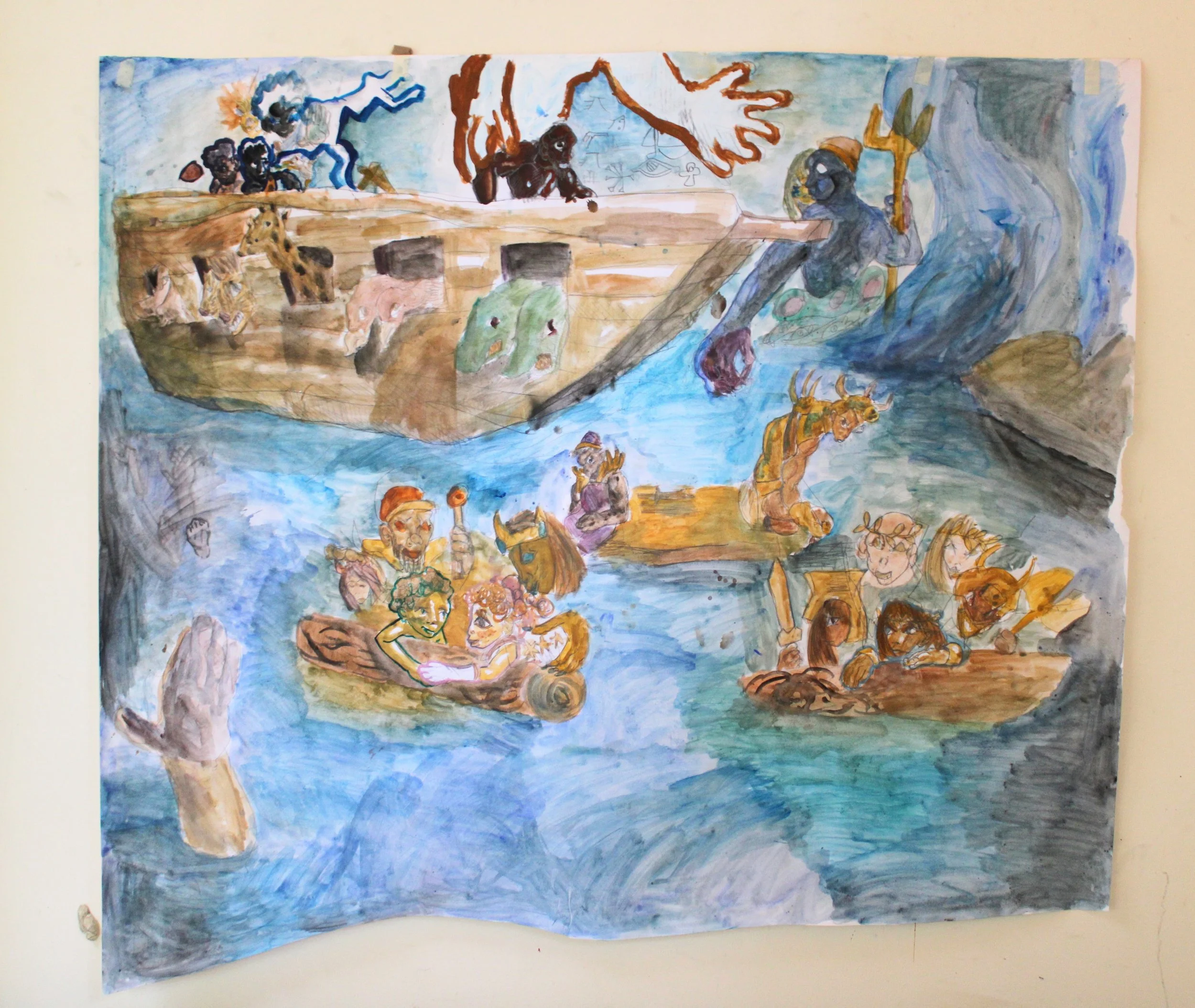 Flood Narrative, Acrylic, watercolor, and graphite pencil on Mixed media paper, 36 inches x 36 inches, 2023.