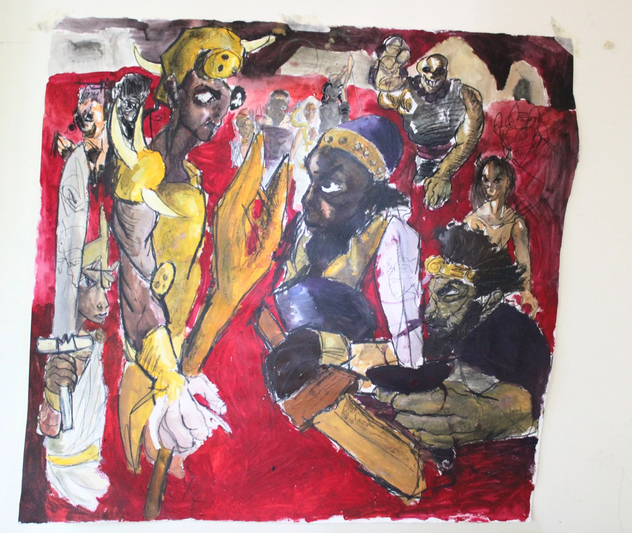 III. Magog vs. Nimrod, Charcoal, graphite pencil, acrylic paint, and watercolor on Arches paper, 46 inches x 46 inches, 2023.