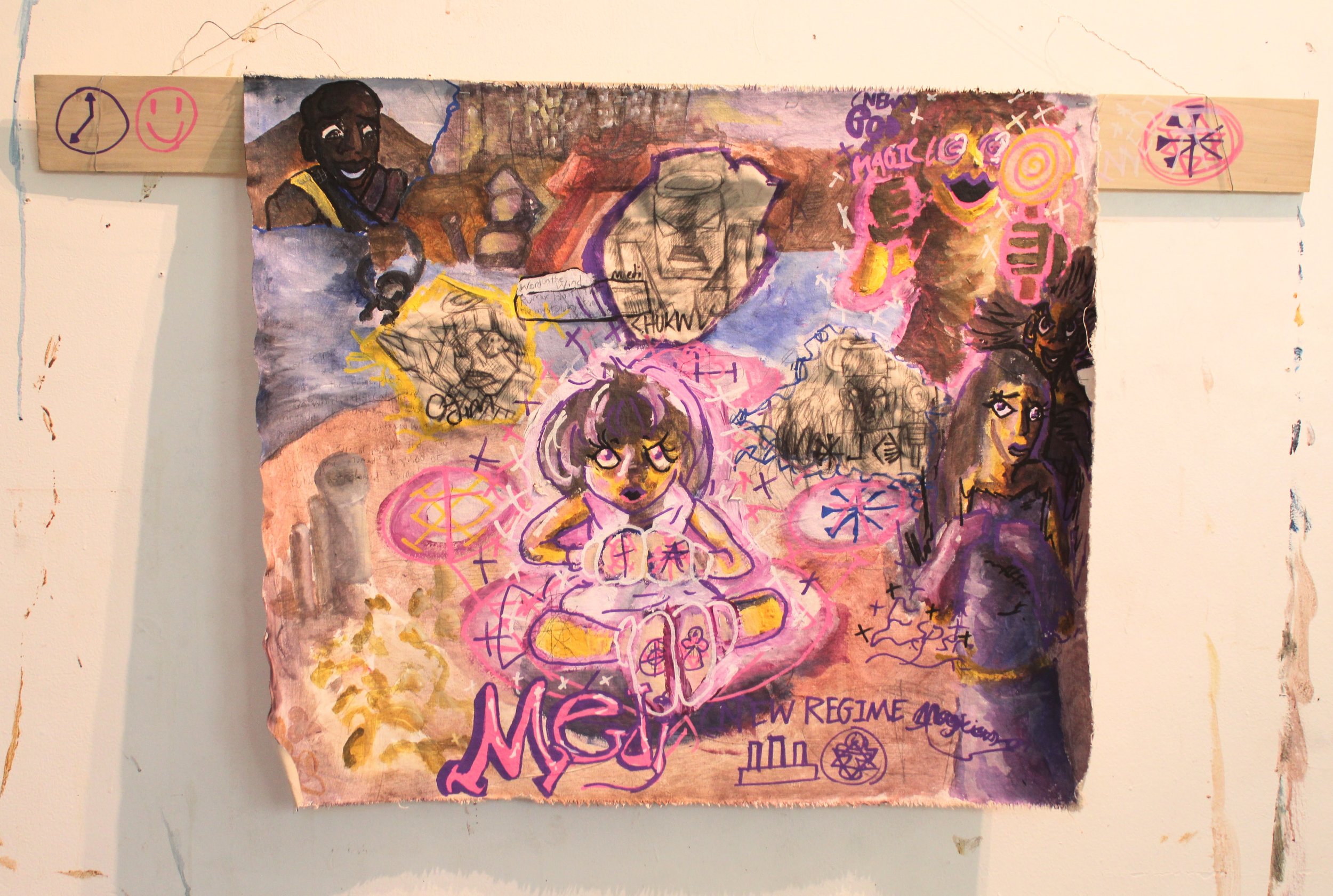 Magicians: Medi, Acrylic, graphite pencil,  marker, and carbon tracing on Canvas attached to wooden board,  48 x  26 inches, 2025.