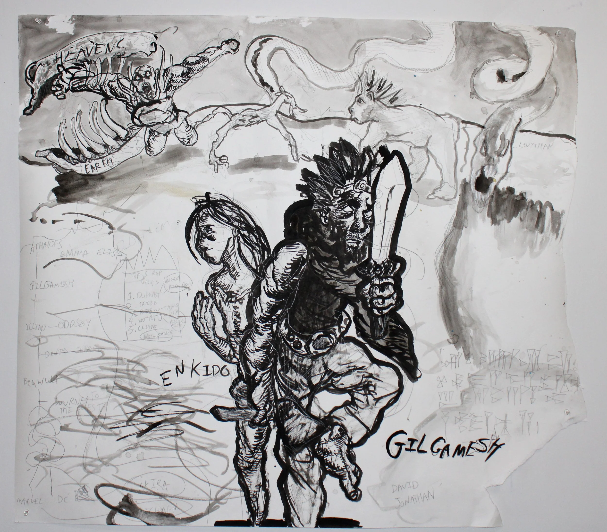 Gilgamesh and Enkido, Ink-wash and graphite pencil on Watercolor paper, 44 inches x 42 inches, 2023.