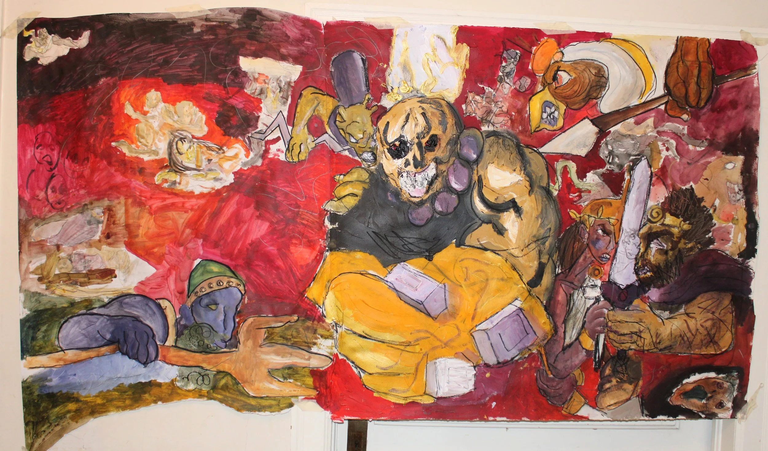 V. War of the Nations and gods, Charcoal, graphite pencil, acrylic paint, and watercolor on Arches paper, 92 inches x 46 inches, 2023.