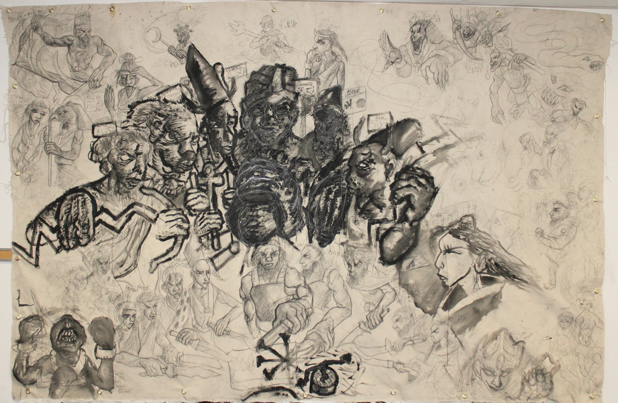 The Histories: connection of heaven and earth Fragment 1, Graphite pencil, ink, and acrylic paint on un-stretched canvas, 60 inches x 90 inches, 2024.