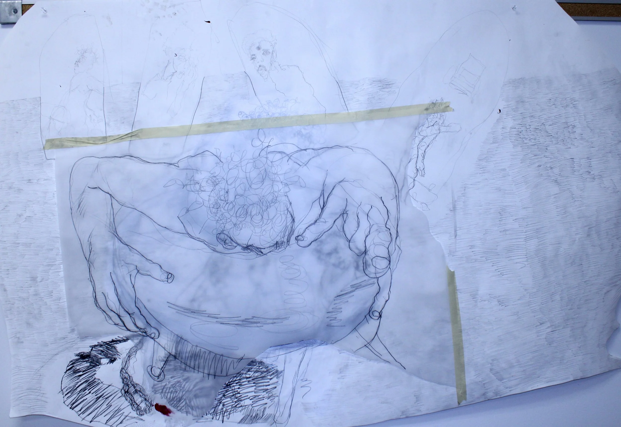 III: Lunch table, Graphite pencil, gesso, acrylic paint, tape, and collaged vellum on Drawing paper, 37 inches x 60 inches, 2023.