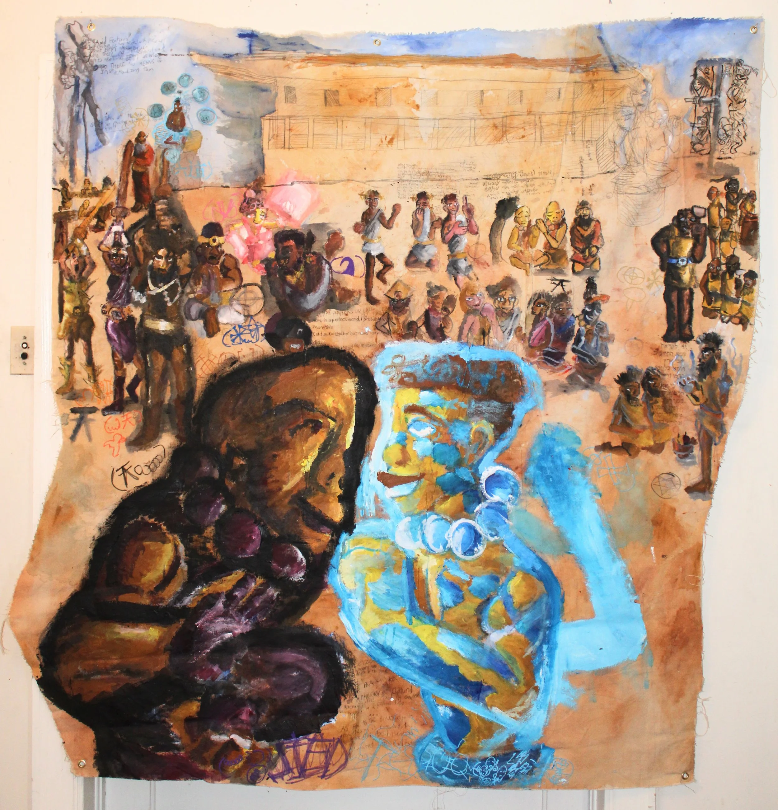 Axial(s) II: Axial(s), Acrylic, graphite pencil, posca markers, and carbon on Canvas, 65 x 70 inches, 2025.