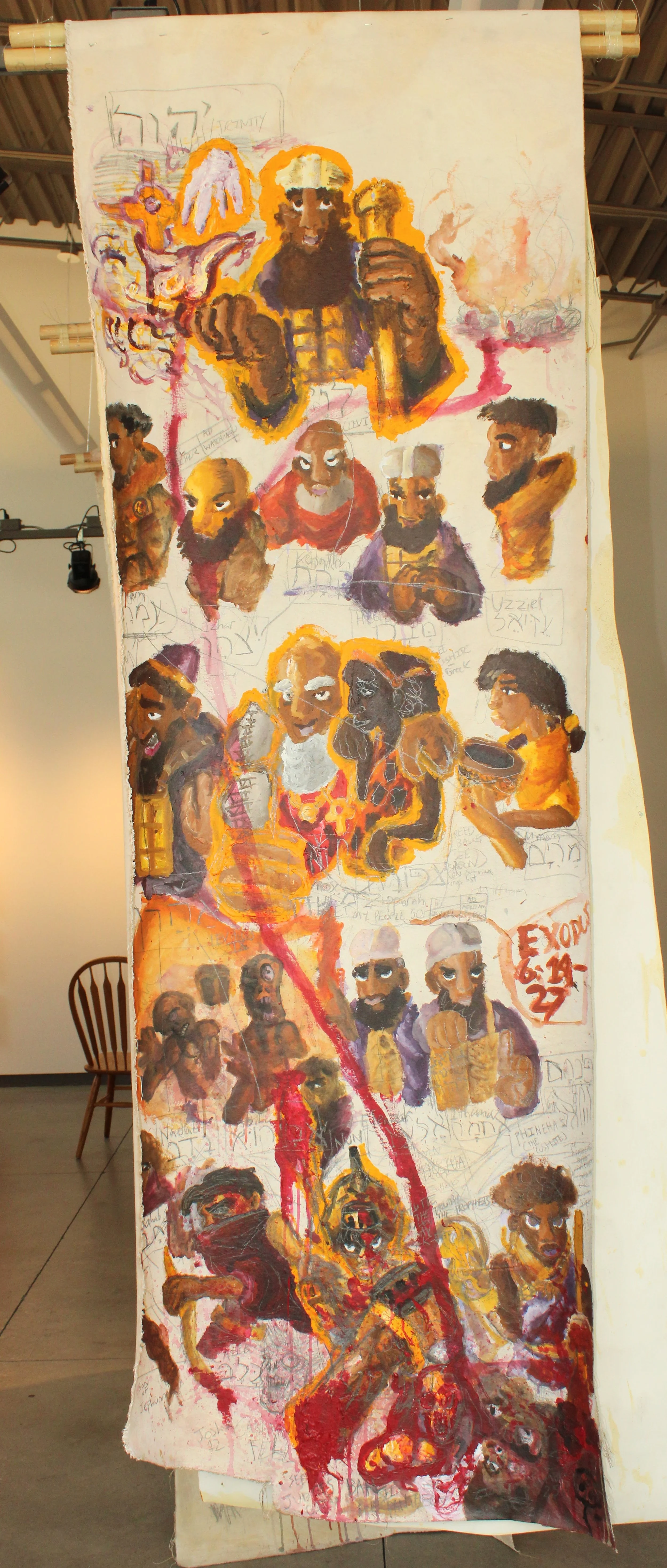 Exodus 5, Acrylic and Graphite pencil on un-stretched canvas attached to dowel, 36 x 86 inches, 2024.